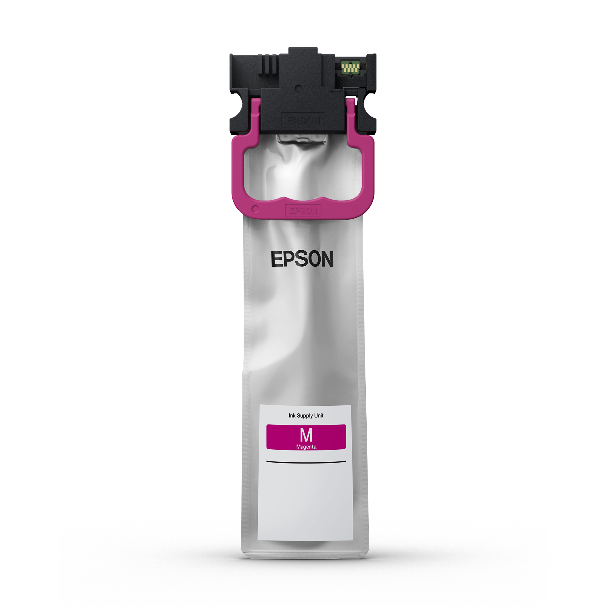 Unité d'alimentation d'encre Epson magenta, avec étiquette magenta et poignée rose, fond blanc.