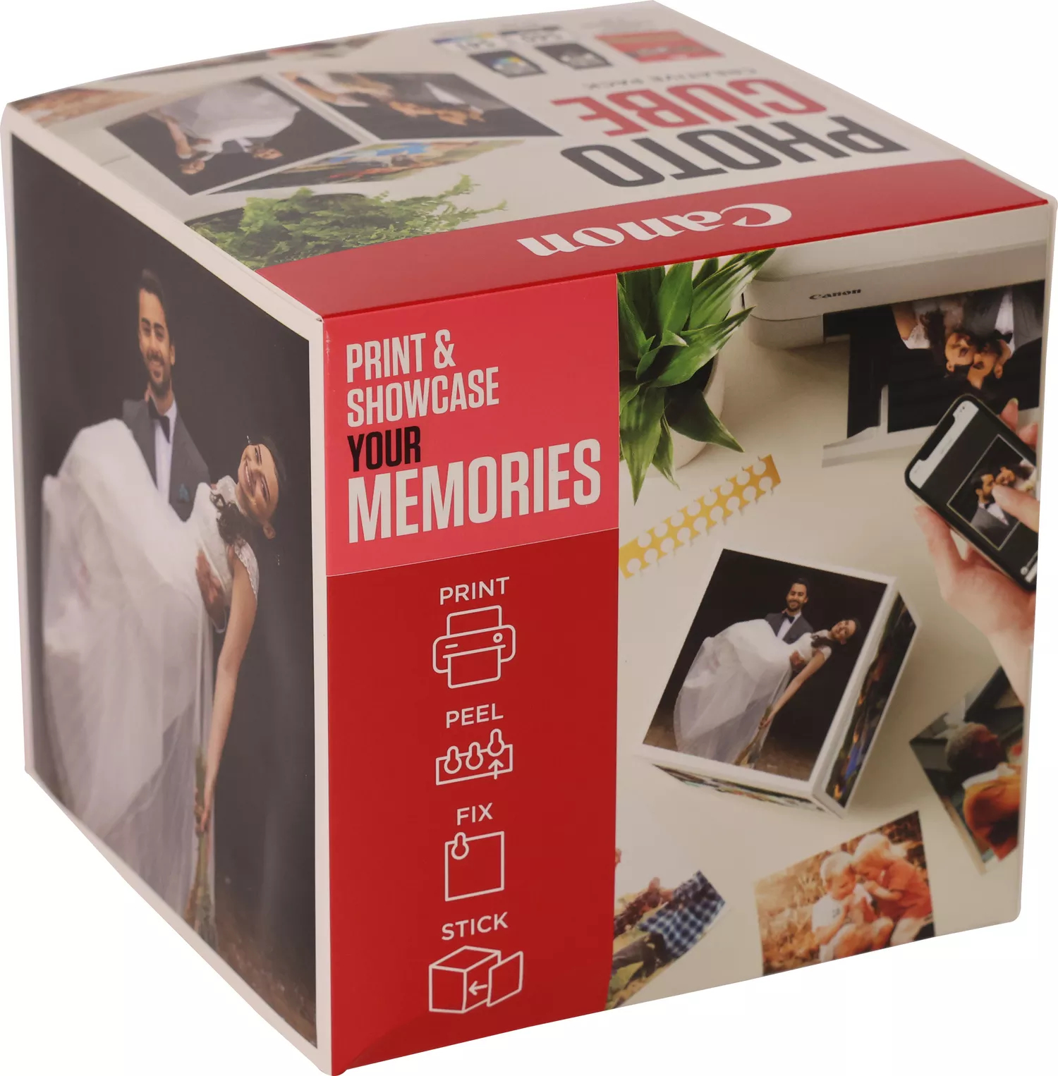 Eine weiße Box mit Fotos eines Paares. Drucken & Präsentieren Sie Ihre Erinnerungen. Canon-Logo auf der Box.