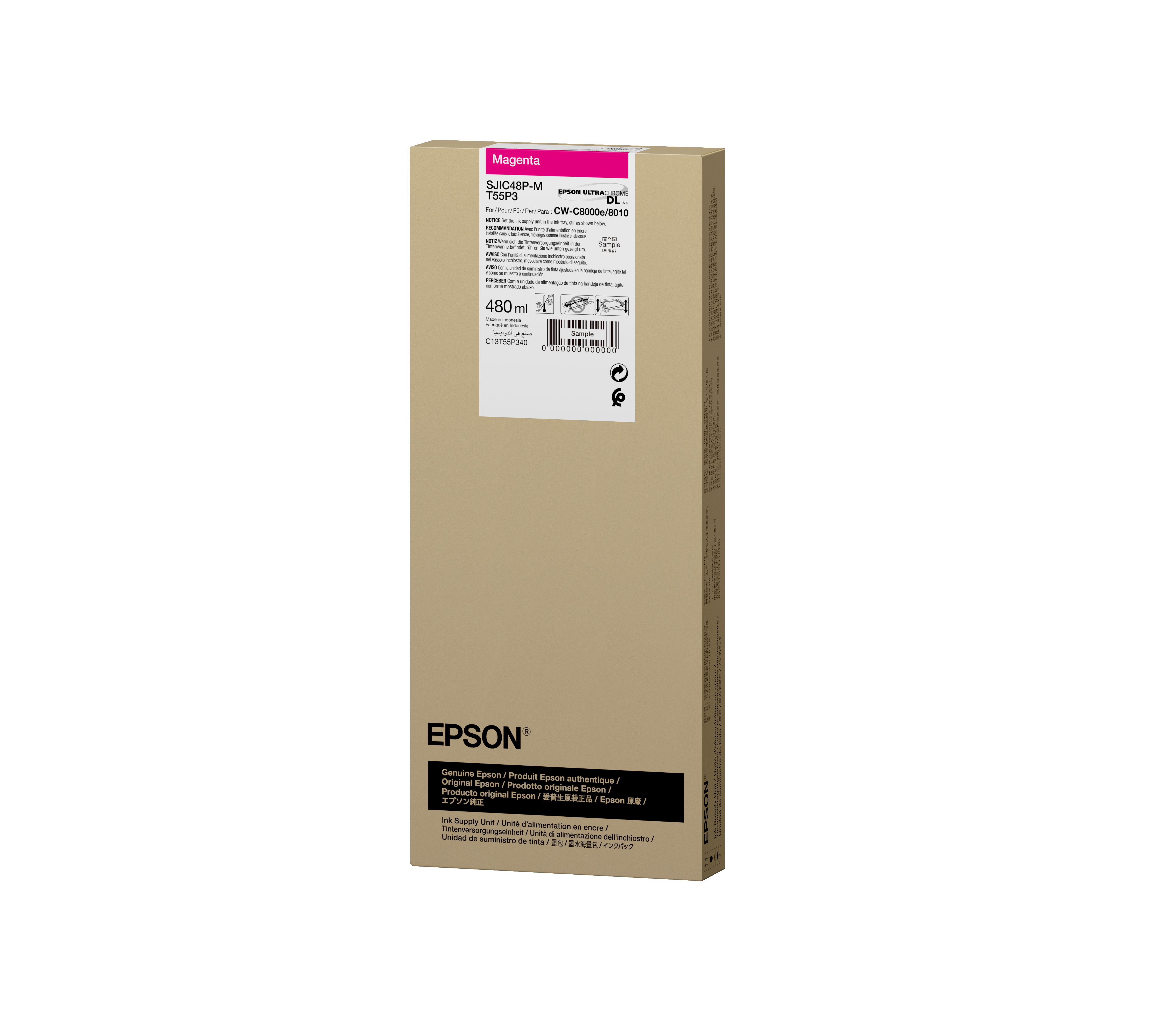 Caja de cartucho de tinta magenta Epson con texto y fondo blanco.