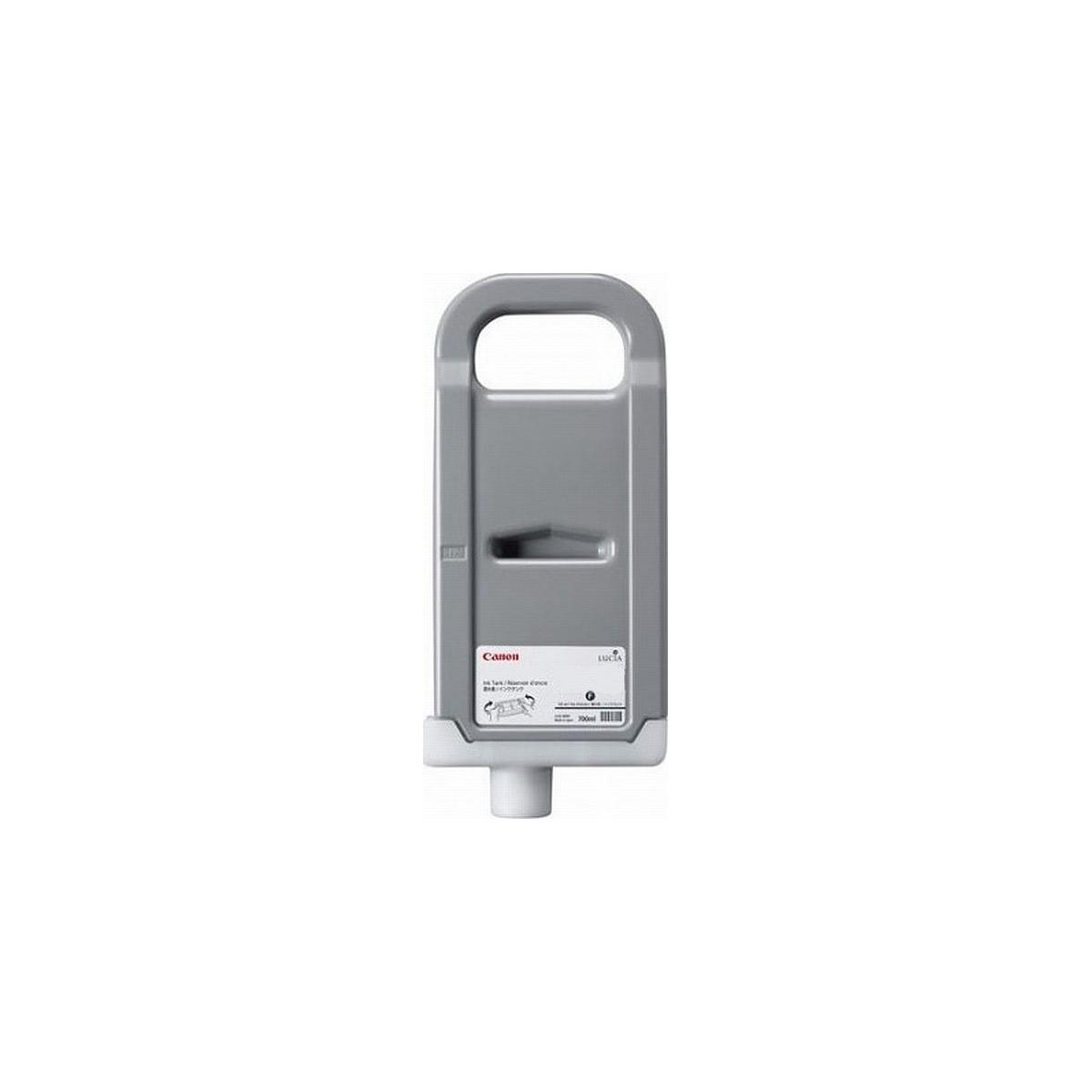 Canon inktreservoir met een grijze behuizing en handvat, witte basis en productinformatielabel.