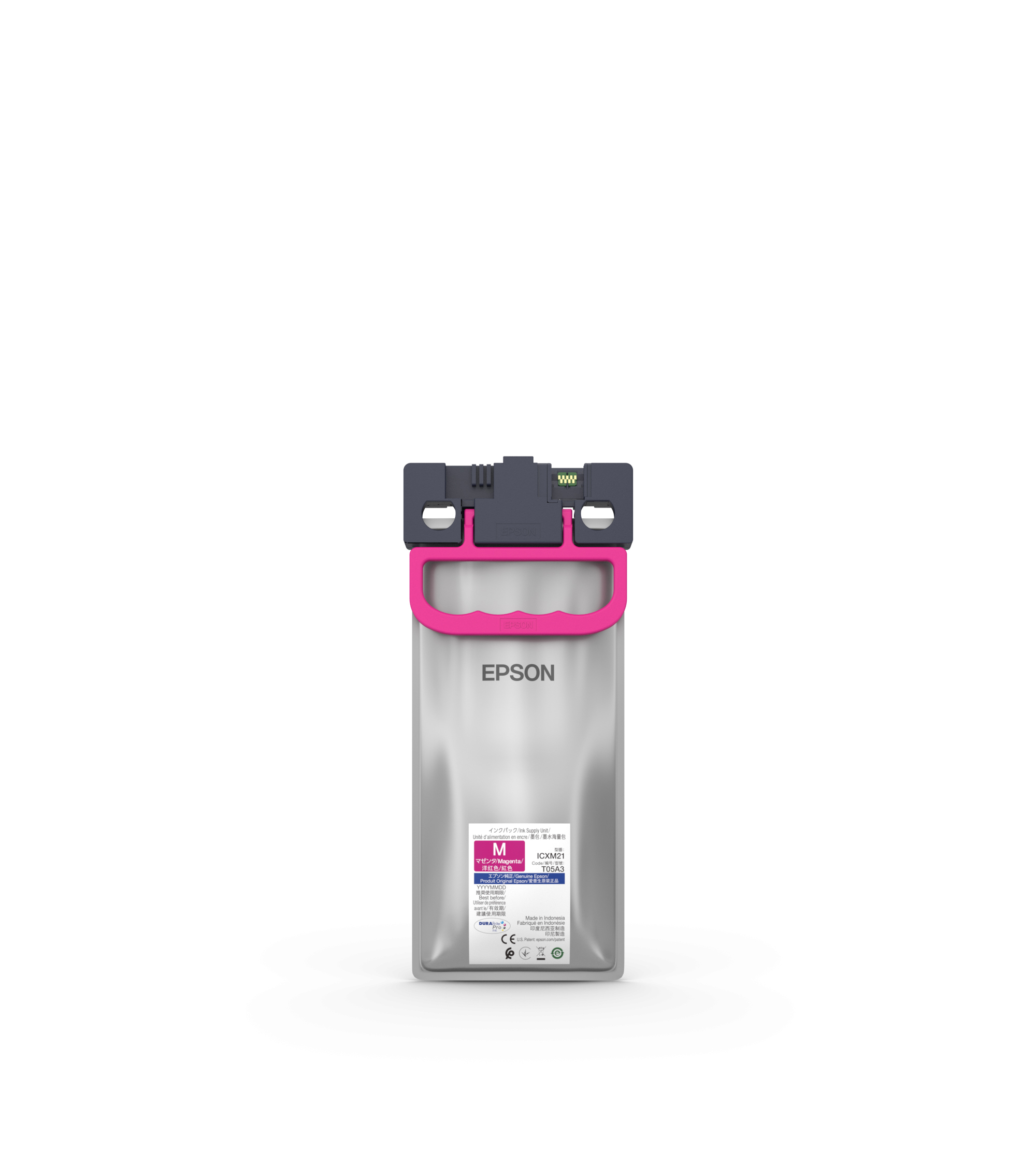 Cartucho de tinta Epson con asa rosa. Asa rosa, etiqueta blanca y cuerpo plateado.