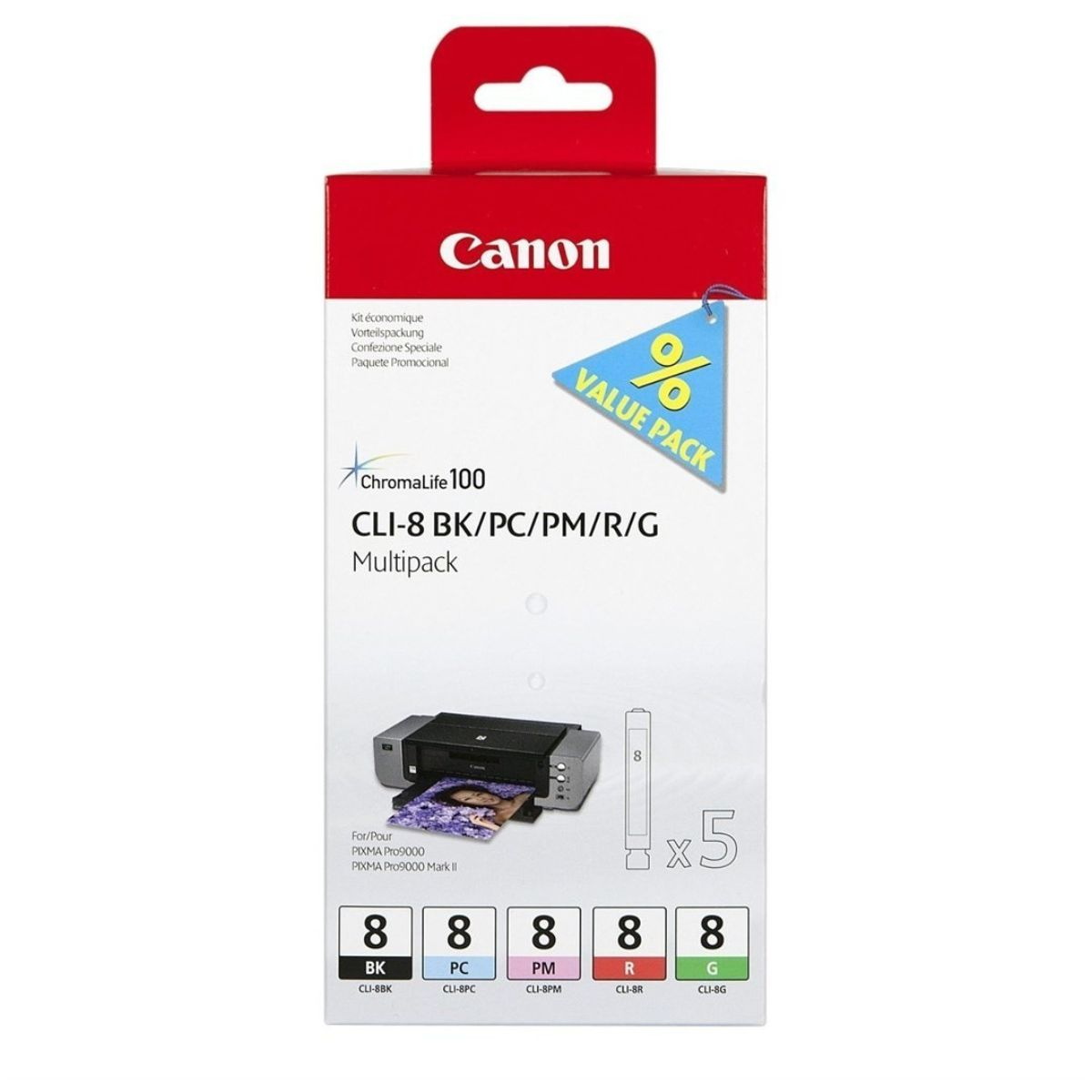 Confezione multipack cartucce Canon con immagine stampante e colori inchiostro.