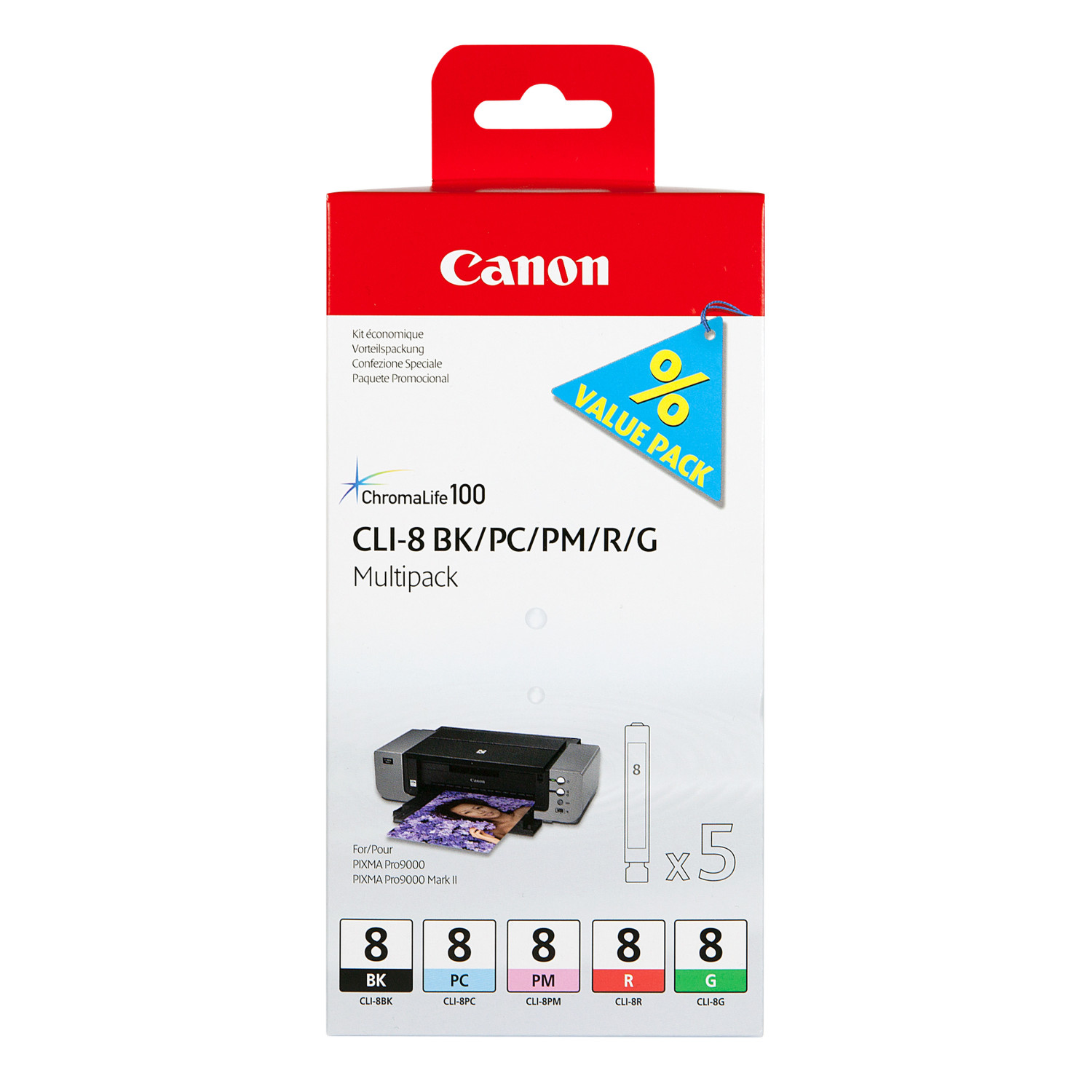 Scatola multipack cartucce Canon con immagine stampante ed etichette colorate.