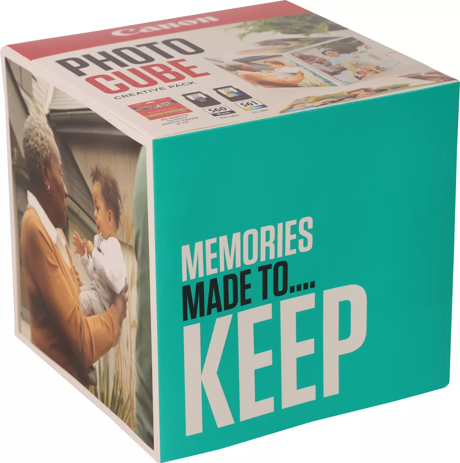 Pudełko Canon Photo Cube, turkusowe boki, z kobietą trzymającą dziecko i tekstem 'MEMORIES MADE TO KEEP'.