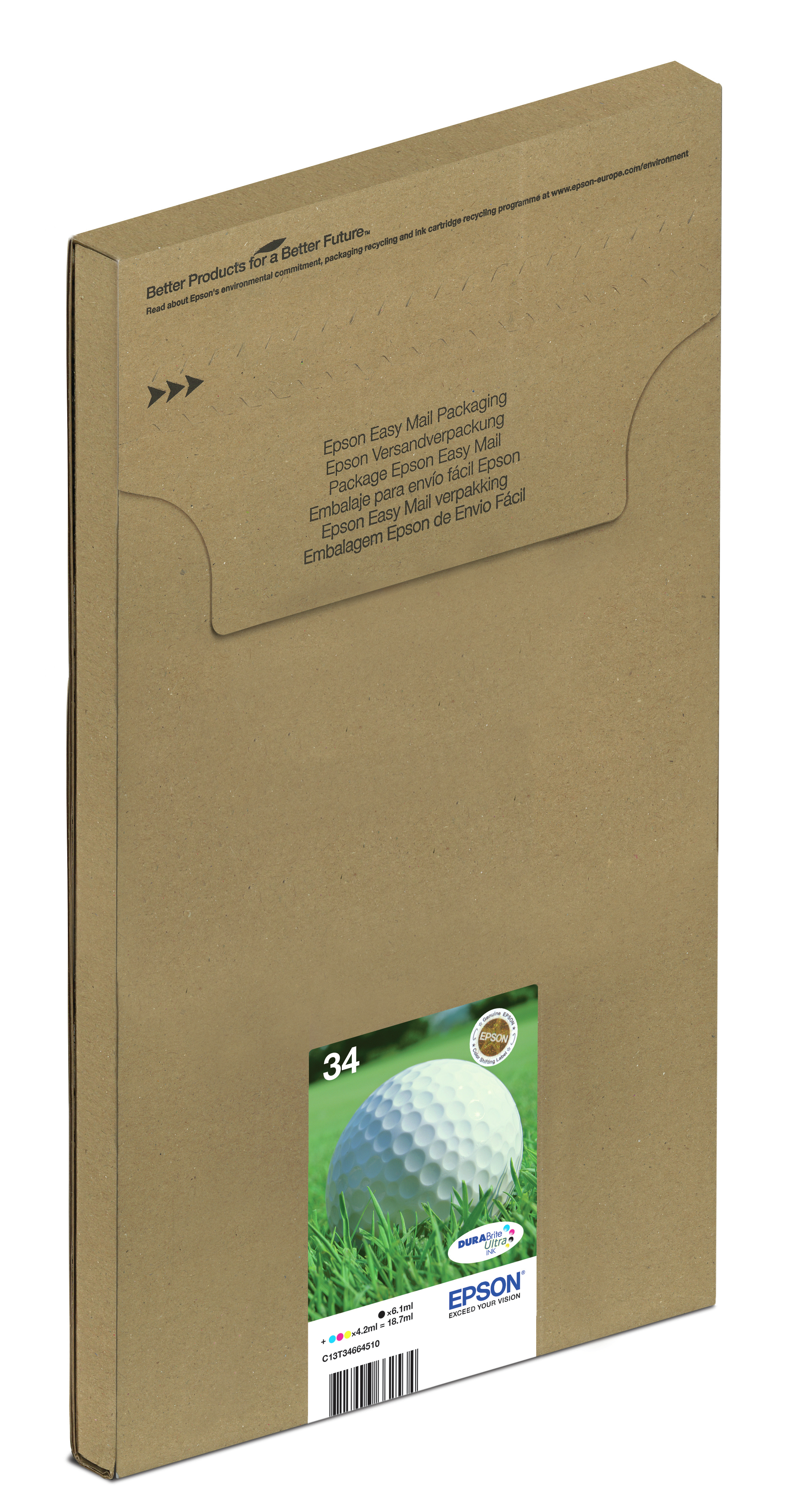 Embalaje de cartucho de tinta Epson, marrón con una pelota de golf. Fondo blanco.