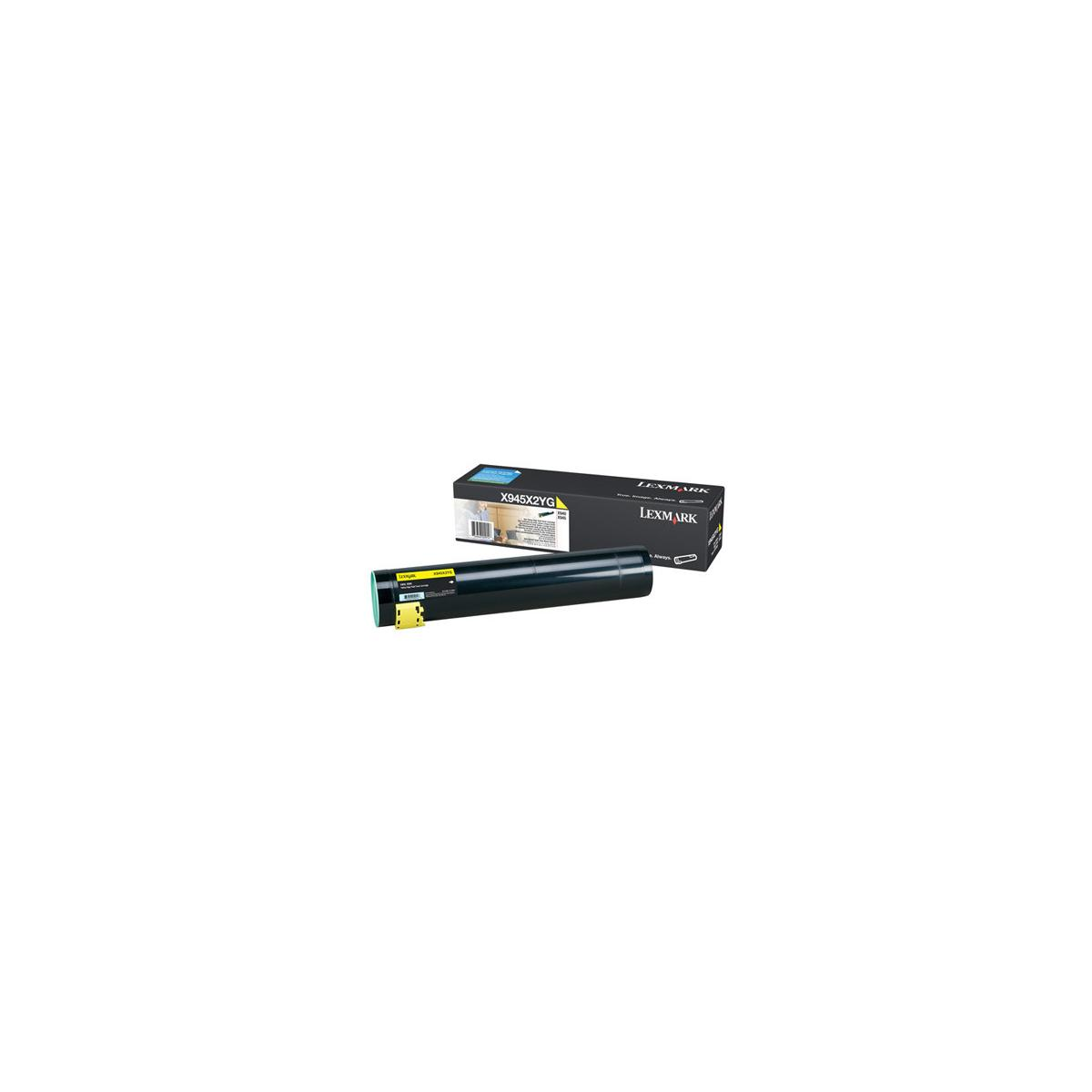 Cartuccia toner Lexmark X46X2YG e scatola. La cartuccia è nera e gialla.