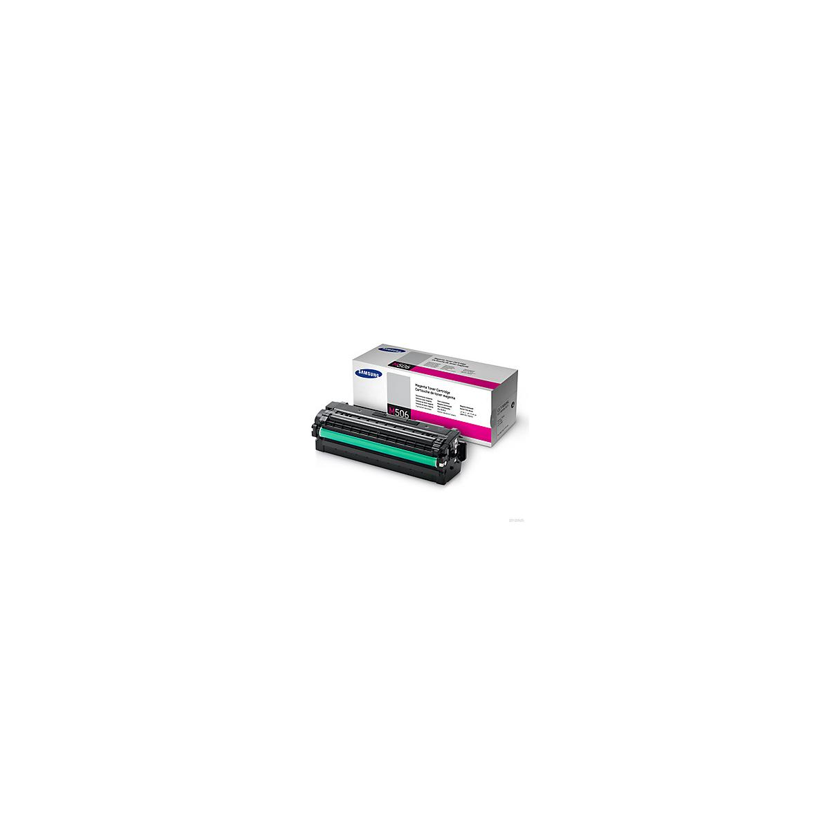 Eine schwarze Tonerkartusche mit einer pinken Box dahinter.