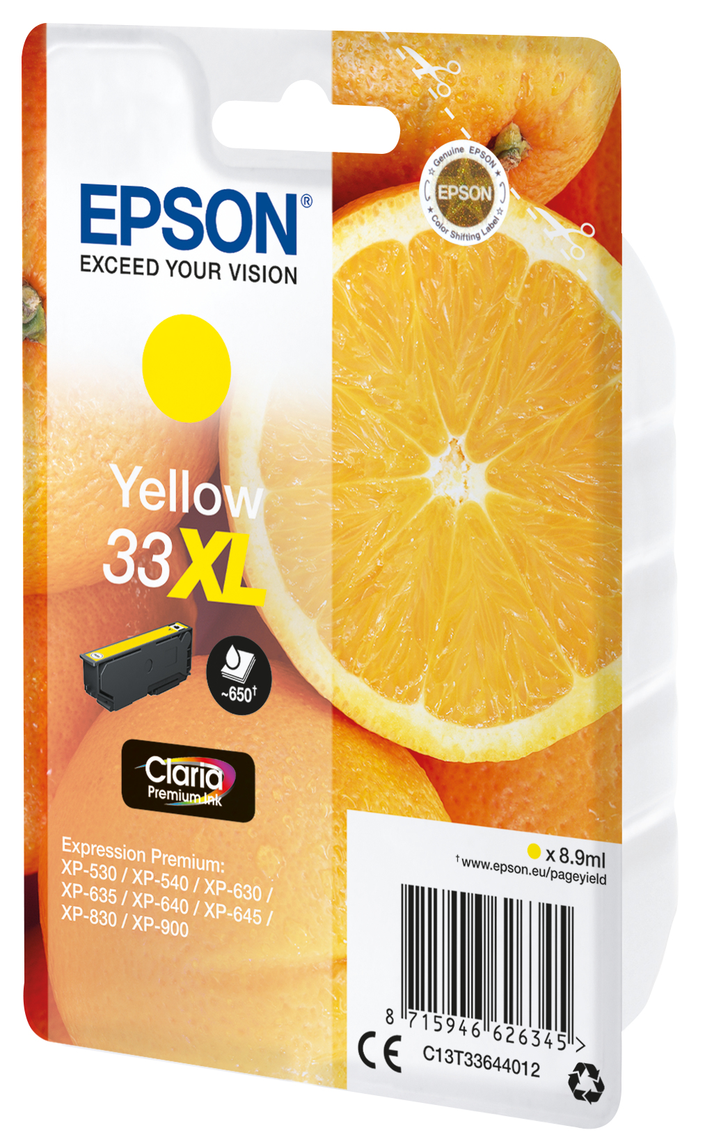 Eine gelbe Epson Tintenpatronenverpackung mit Orangenscheiben im Hintergrund.