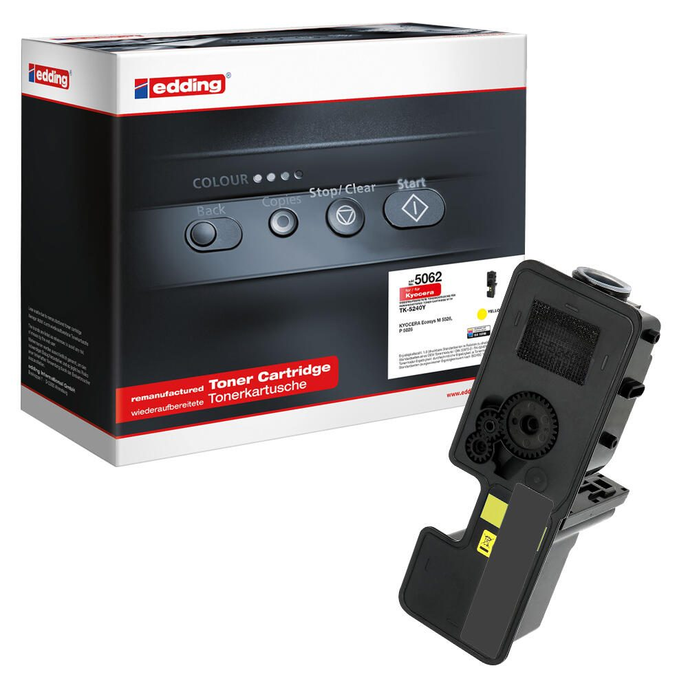 Wkład z tonerem i pudełko. Czarny toner, żółte akcenty. Białe tło.