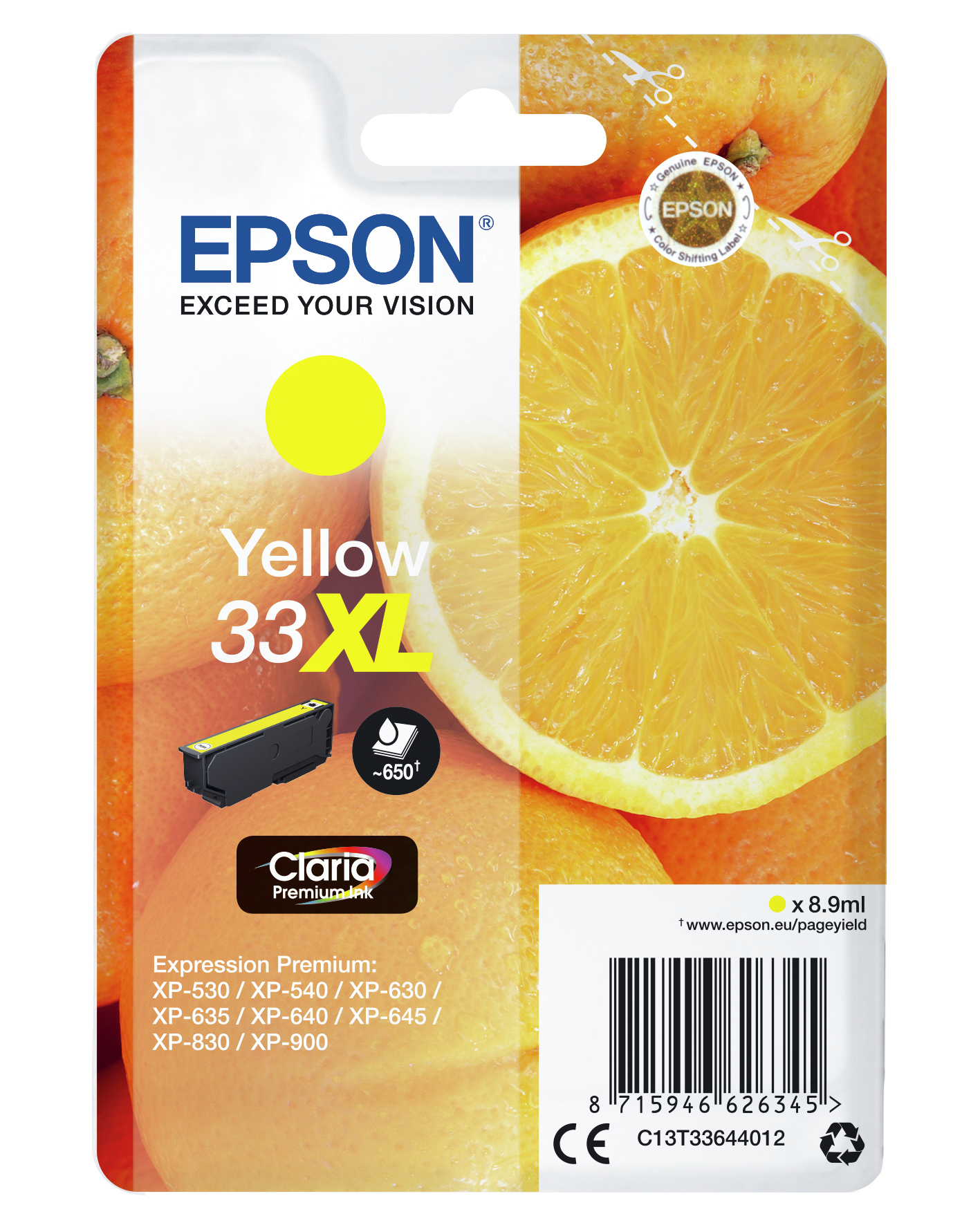 Epson gelbe Tintenpatrone. Oranger Hintergrund. Gelbe Tinte und Etikett. Epson Exceed your Vision.