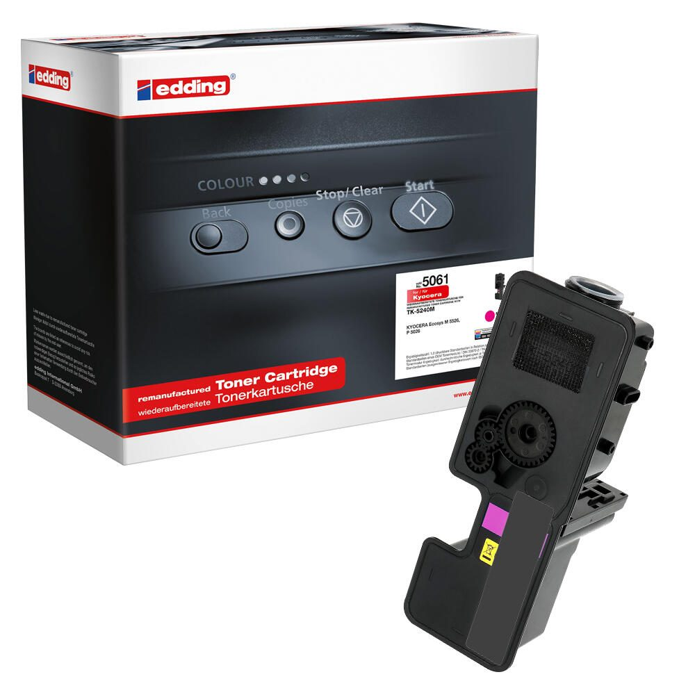 Czarny i różowy wkład z tonerem, czarno-białe pudełko, przyciski.