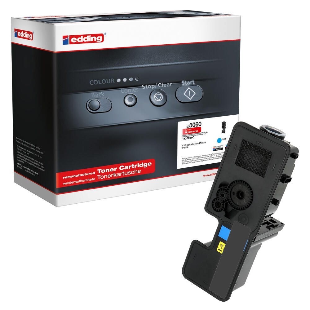 Czarny i niebieski wkład z tonerem, czarno-białe pudełko, przyciski.