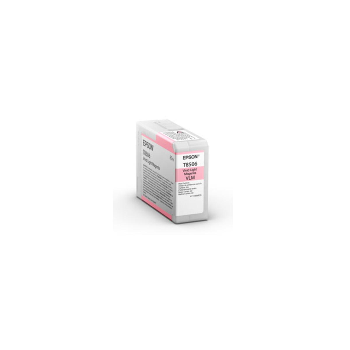 Cartuccia inchiostro Epson Vivid Light Magenta. Confezione rosa e bianca. Sfondo bianco.