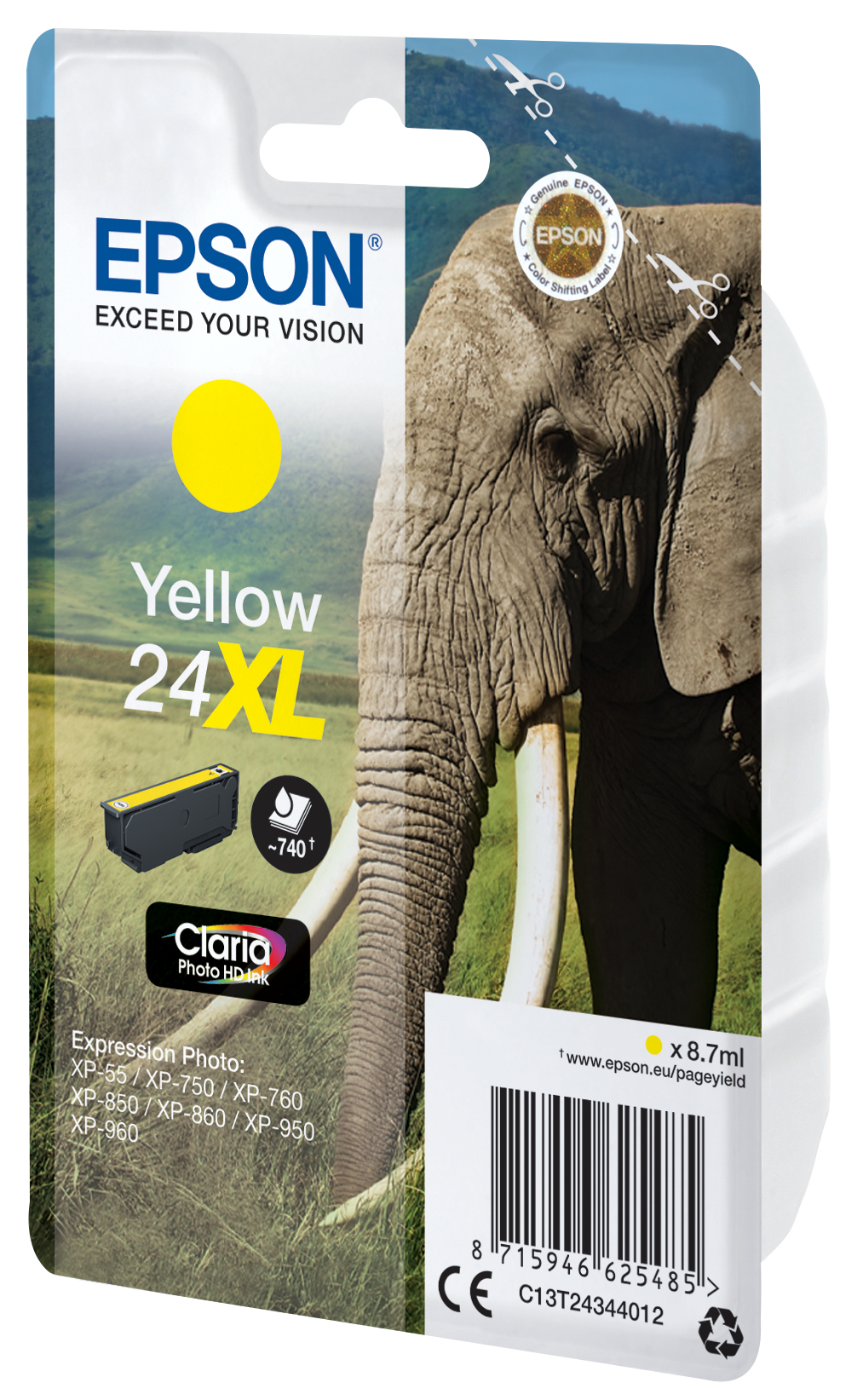 Una cartuccia Epson gialla con un'immagine di elefante sulla confezione.