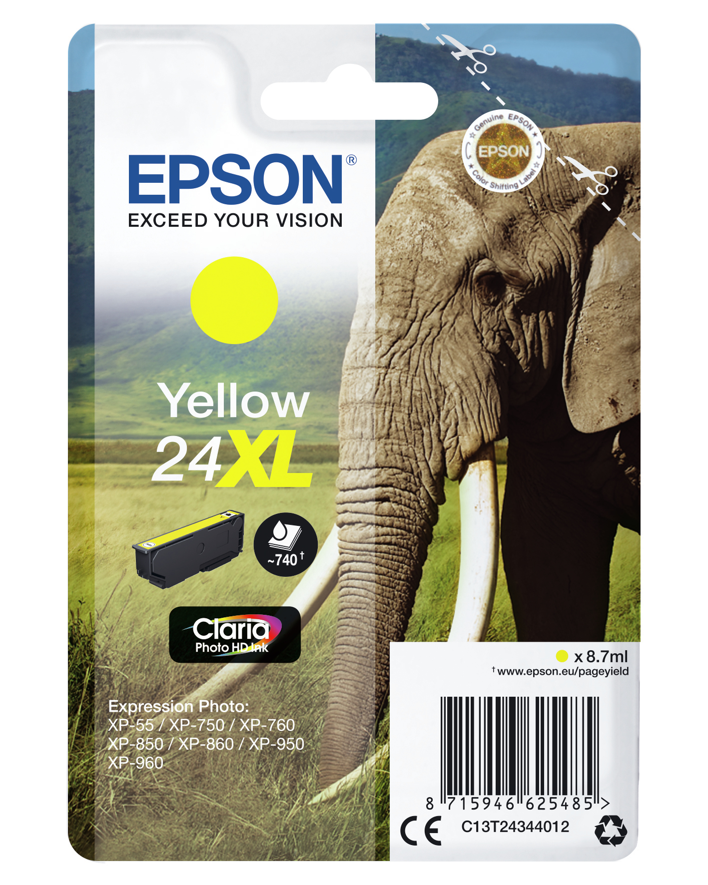 Cartuccia inchiostro Epson 24XL gialla con immagine elefante sulla confezione.