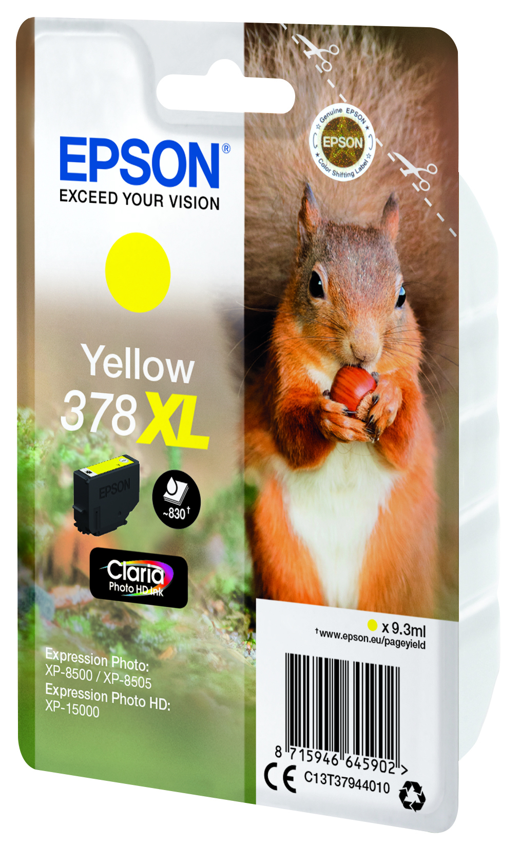 Epson gelbe Tintenpatrone, 378 XL, mit einem Eichhörnchen, das eine Nuss hält. Die Patrone befindet sich in einer Blisterpackung.