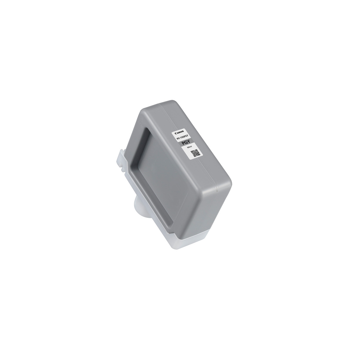 Szary wkład atramentowy na białym tle, pod kątem. Ma etykietę z tekstem.