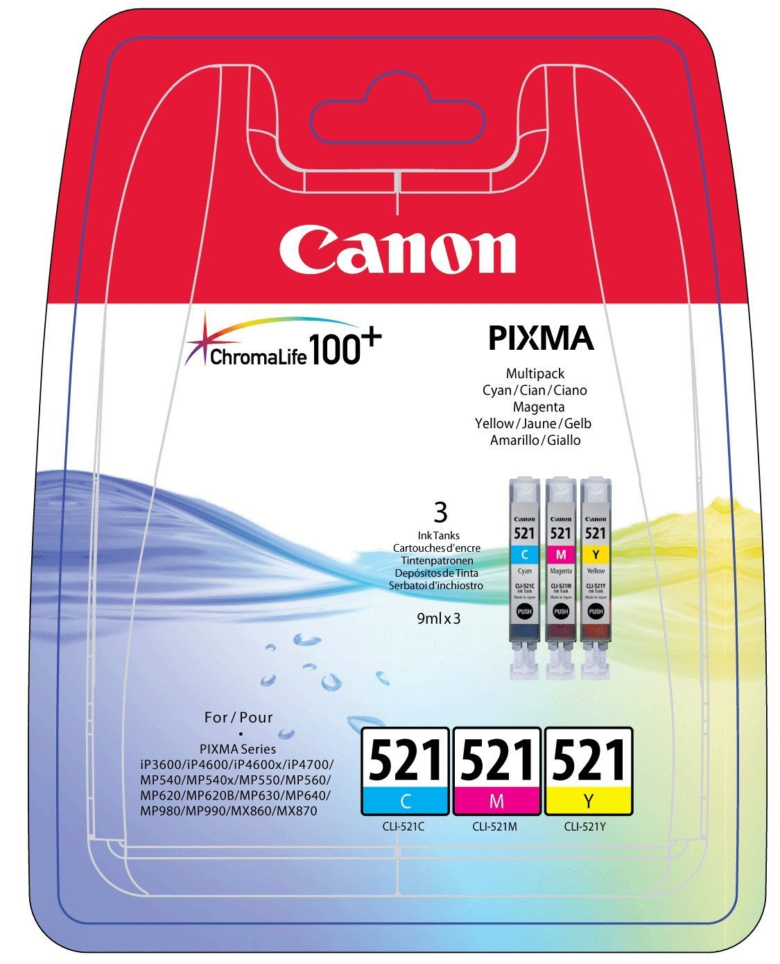 Canon Tintenpatronen-Multipack. Cyan, Magenta, gelbe Tinten. Weißer Hintergrund.