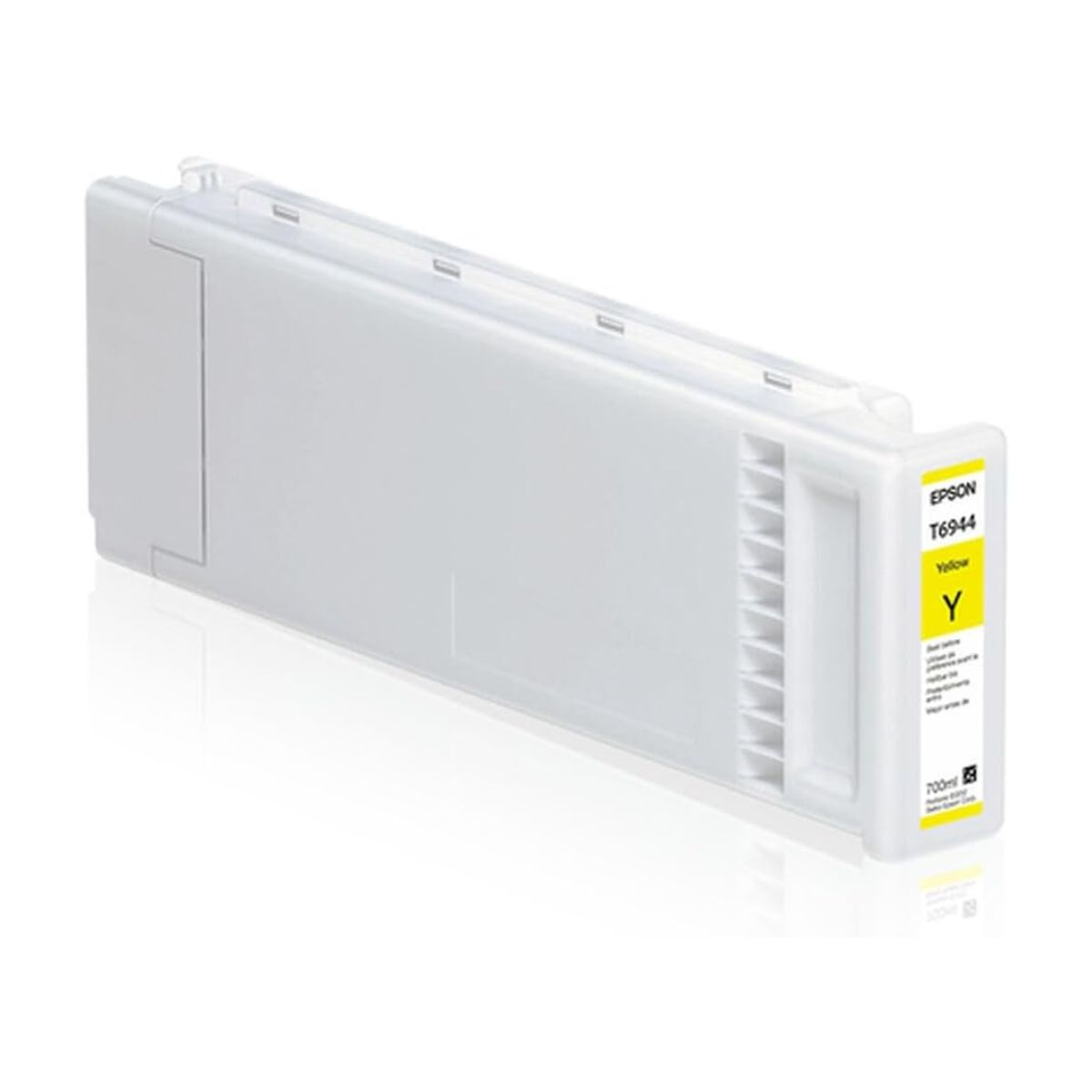 Żółty wkład atramentowy Epson, z białym korpusem i żółtą etykietą. Na białym tle.