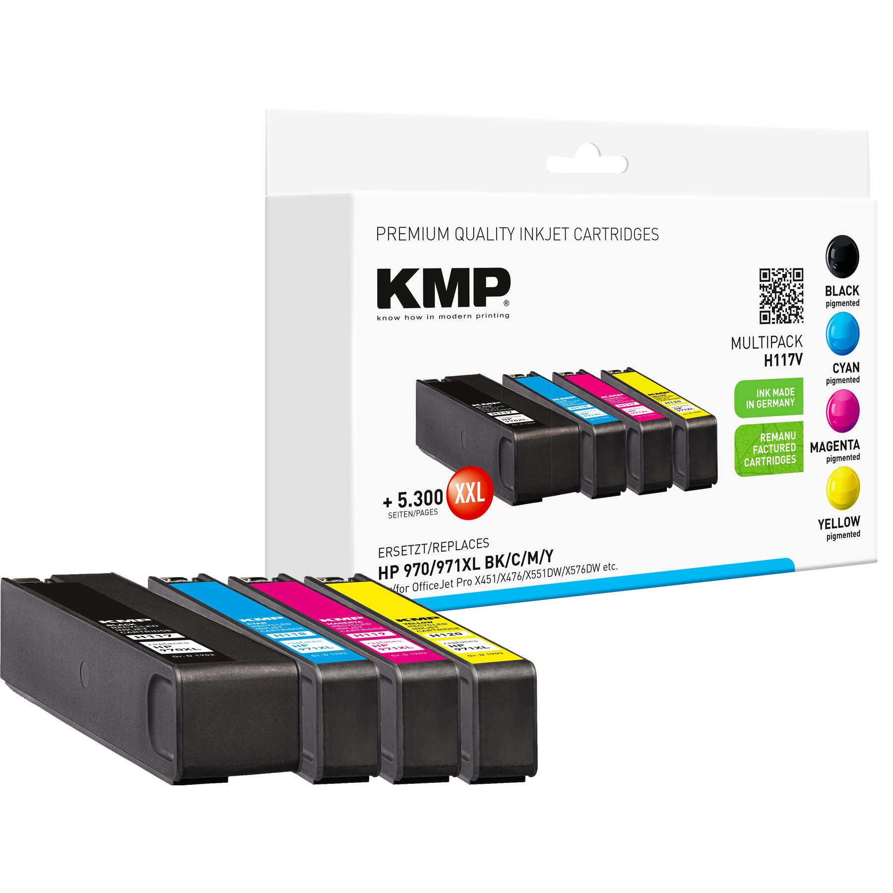 Un multipack di cartucce d'inchiostro KMP con cartucce nere, ciano, magenta e gialle.