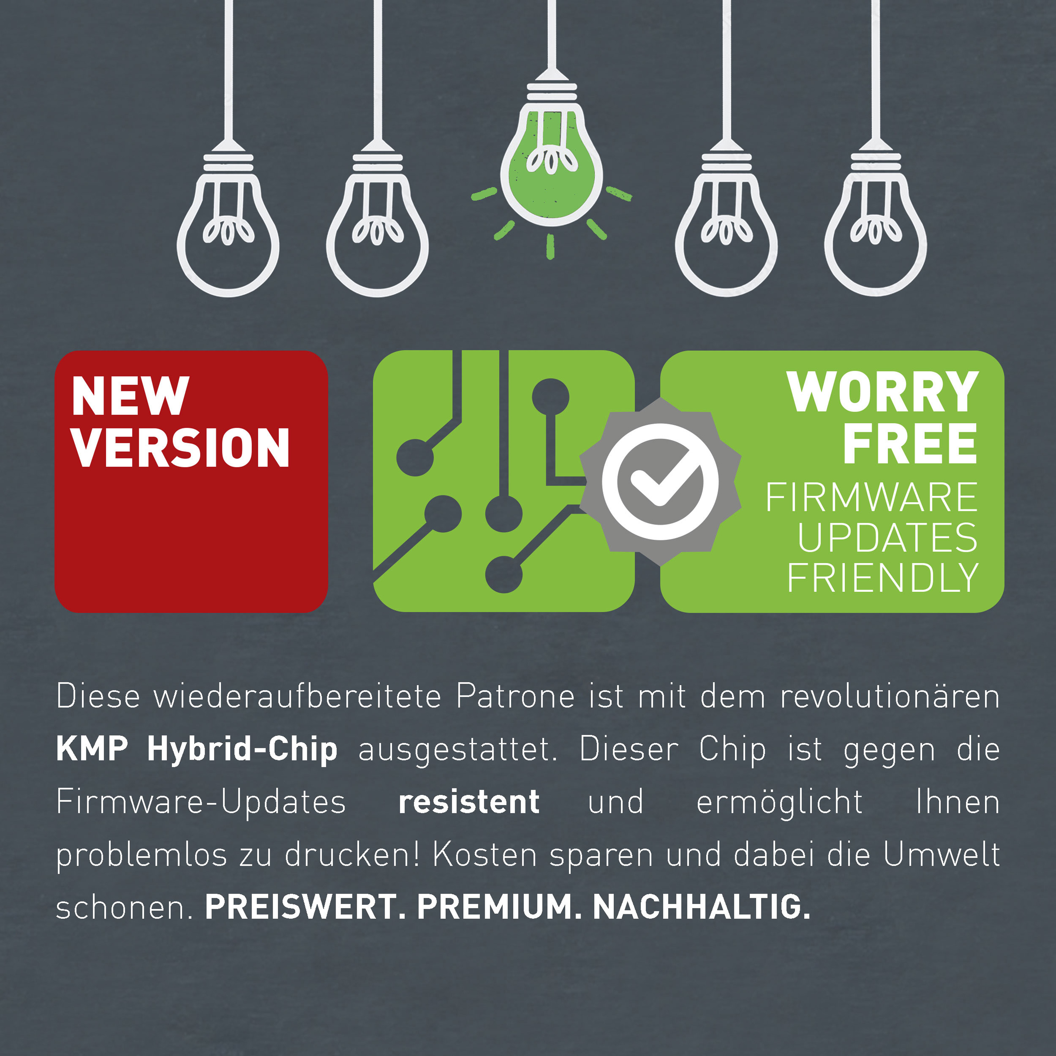 Cartuccia d'inchiostro compatibile KMP Hybrid-Chip; rosso 'NUOVA VERSIONE' e verde 'SENZA PREOCCUPAZIONI'.