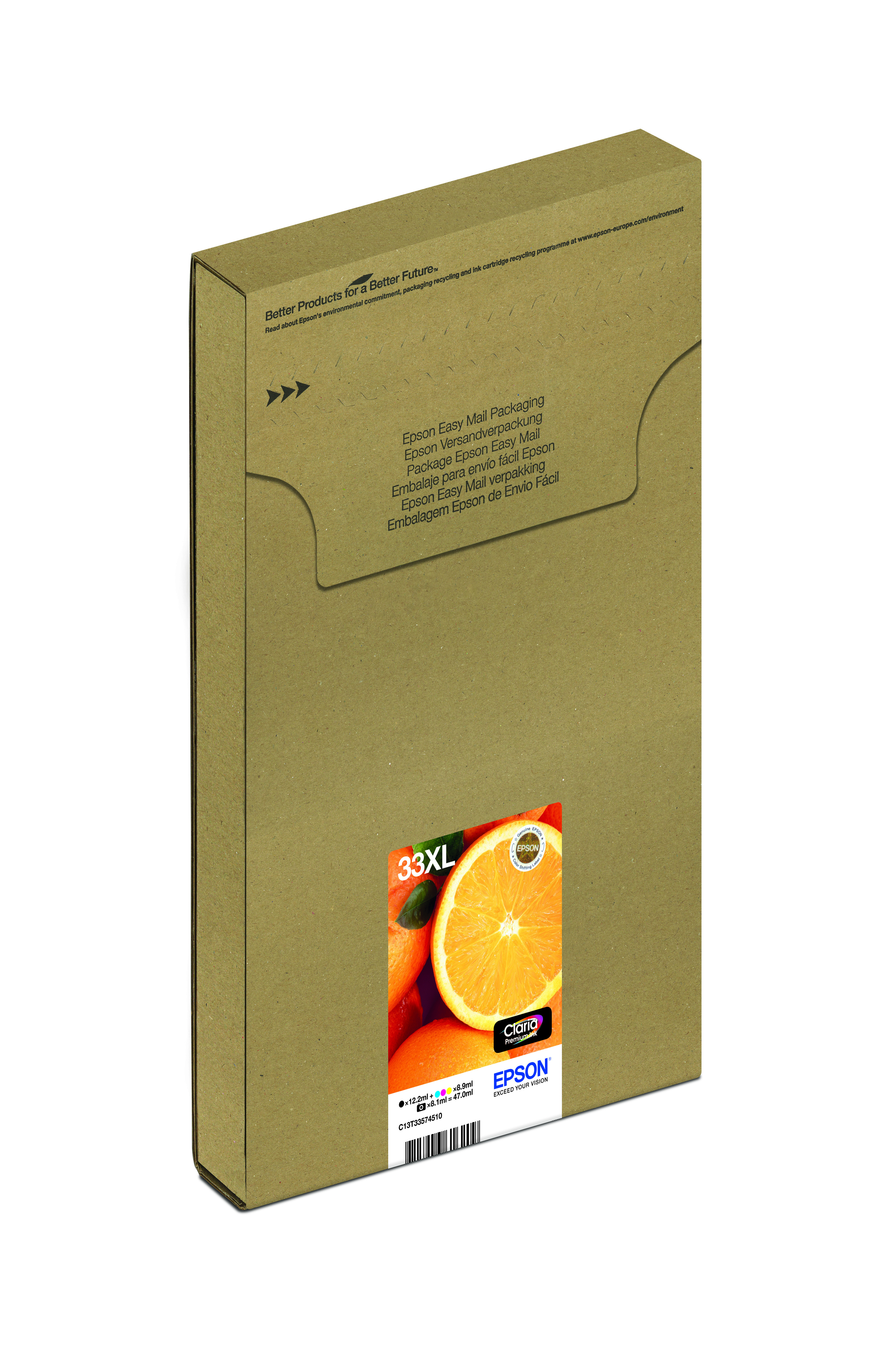Scatola cartucce Epson. Scatola marrone con immagine di fetta d'arancia e logo Epson. Testo: 33XL.