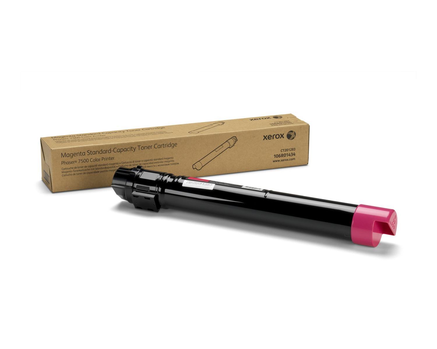 Cartuccia toner magenta Xerox davanti a una scatola. La cartuccia è nera e rosa.