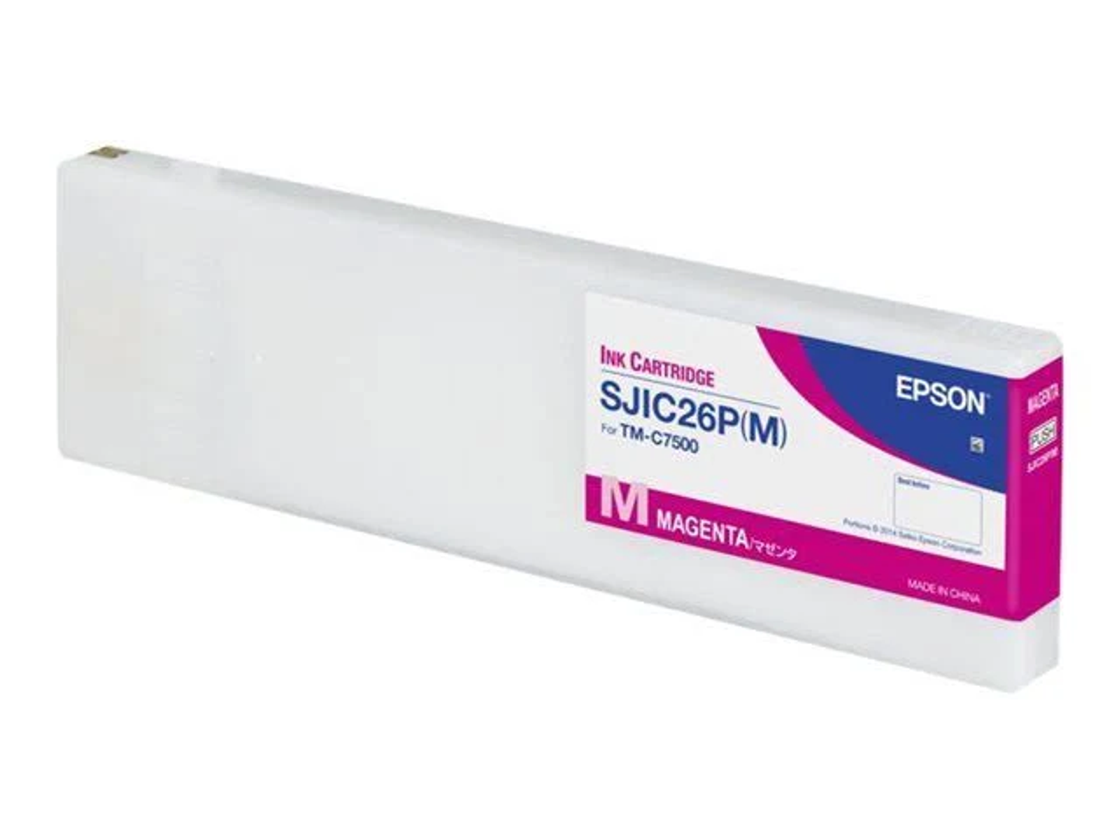 Cartuccia inchiostro magenta Epson in scatola bianca, dettagli rosa e info.
