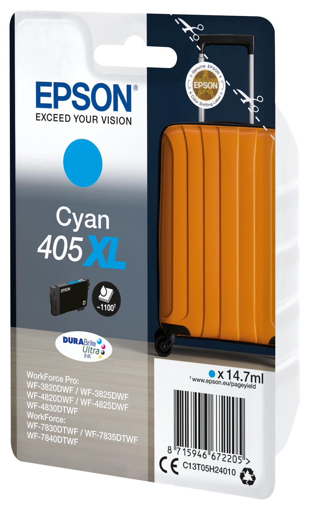 Opakowanie wkładu atramentowego Epson 405 XL Cyan z walizką.