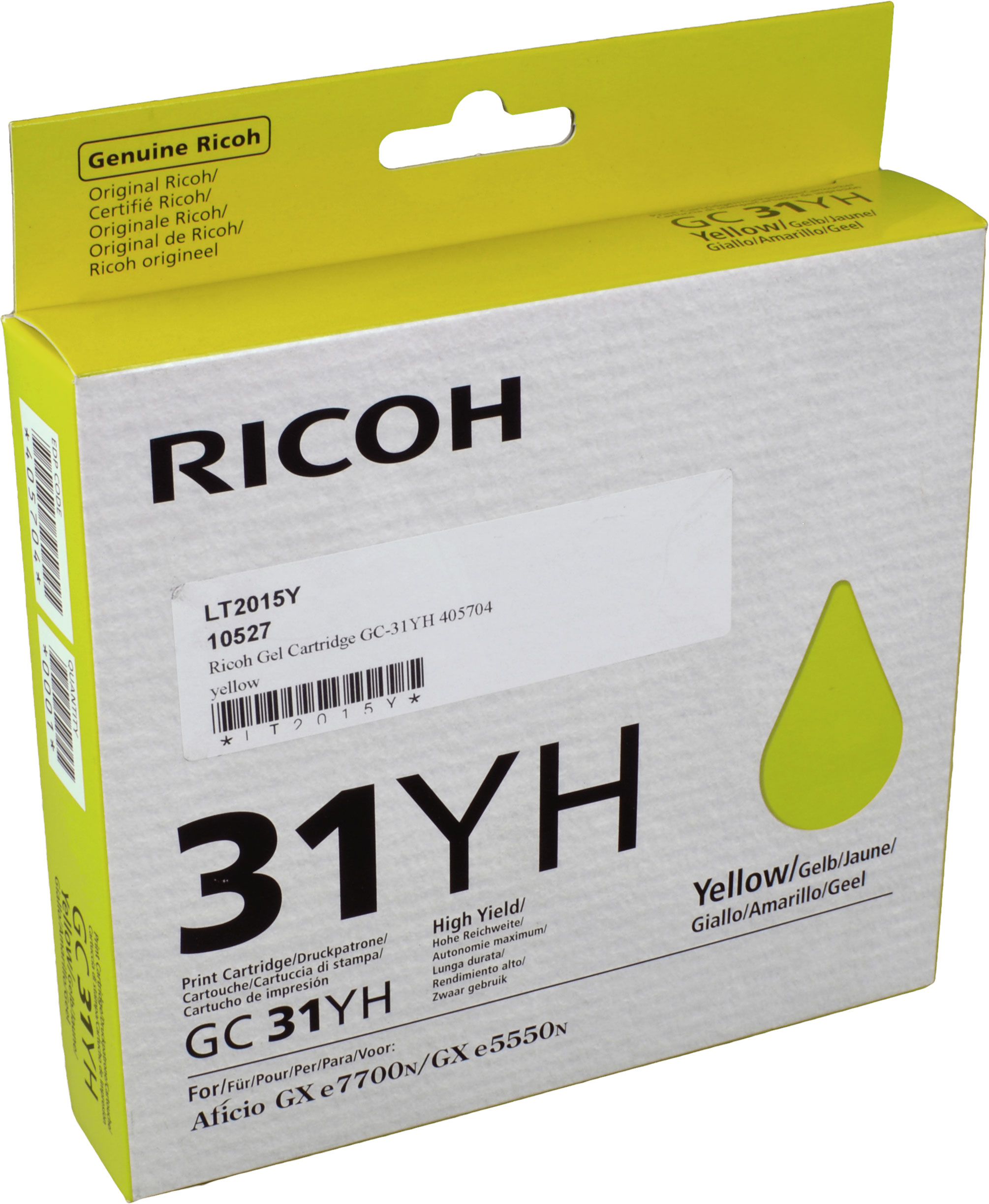 Scatola cartuccia inchiostro giallo Ricoh 31YH. Testo e goccia di inchiostro giallo sul fronte.