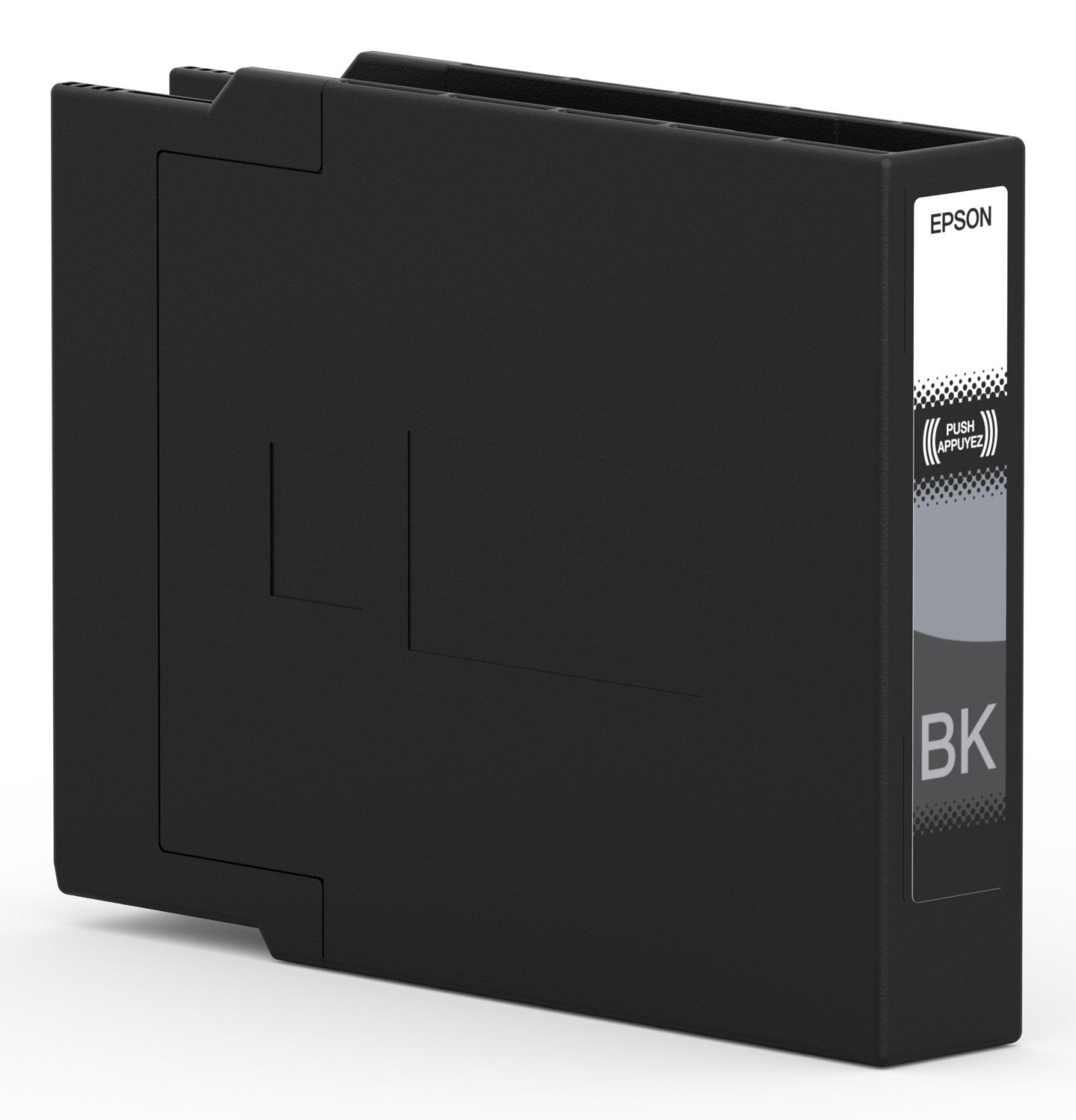 Czarny wkład atramentowy Epson, czarny, z białą etykietą z napisem 'BK'.