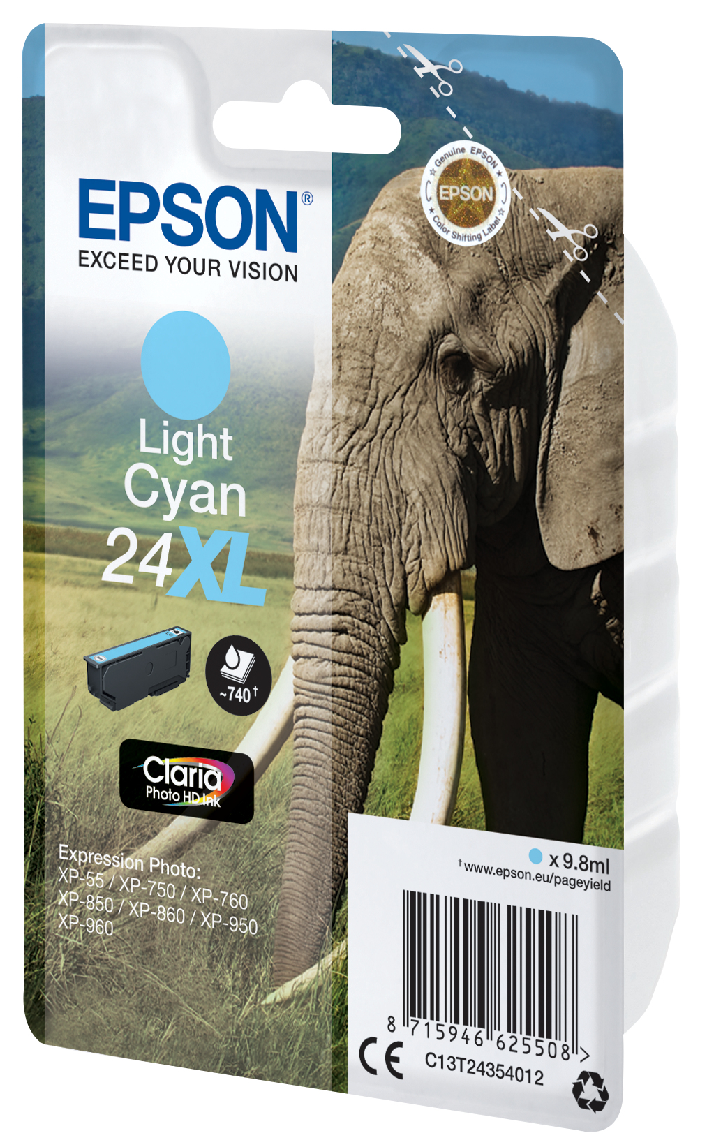 Paquete de cartuchos de tinta Epson. Tinta cian claro. Un elefante en el fondo.