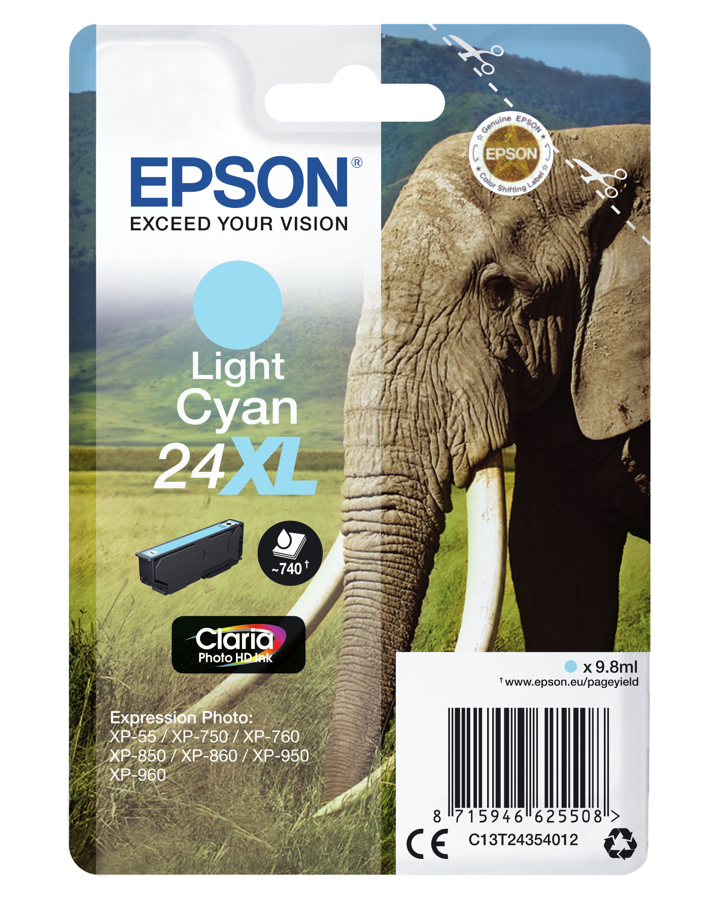 Cartucho de tinta Epson cian claro, con la imagen de un elefante a la derecha.