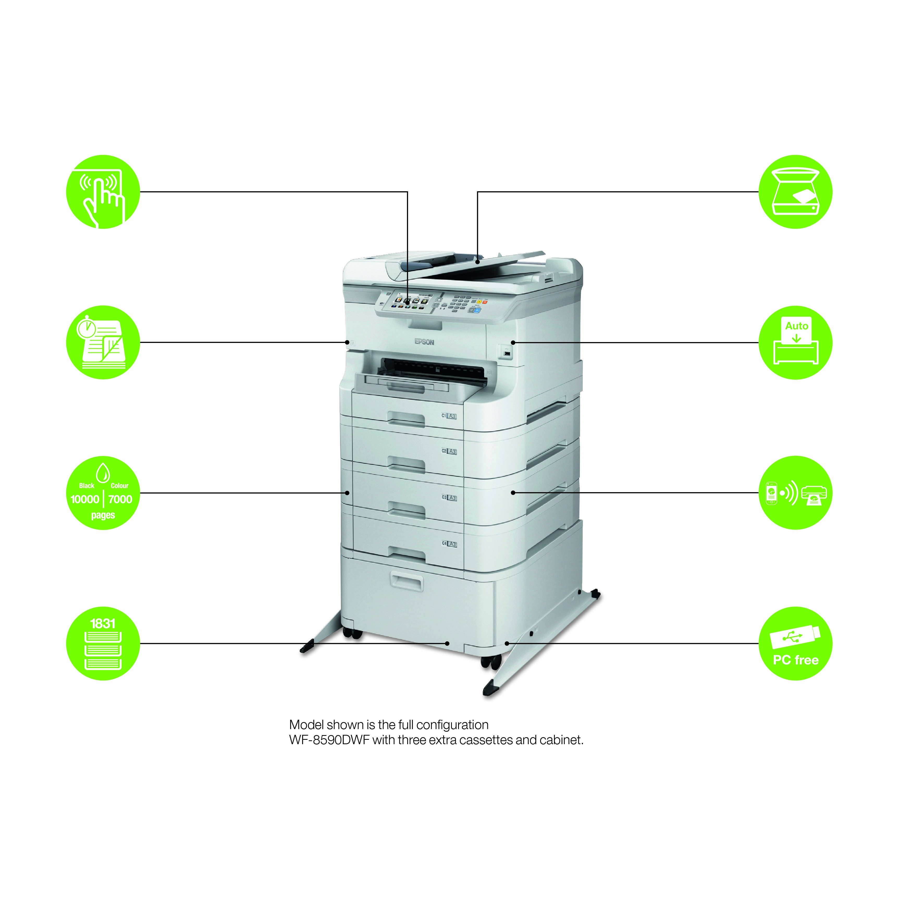 Una stampante Epson, colore bianco, con diversi vassoi e icone verdi intorno.