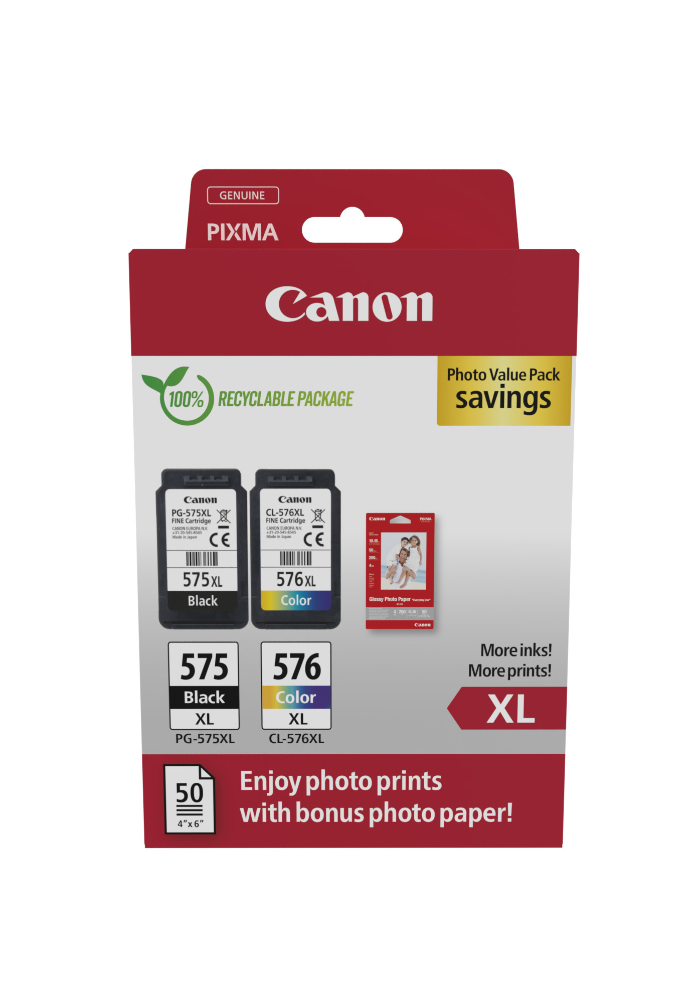 Confezione di cartucce d'inchiostro Canon con inchiostri nero, colore e carta fotografica.