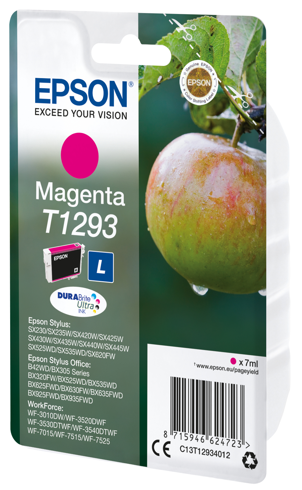 Un emballage de cartouche d'encre magenta Epson avec une pomme et une branche en arrière-plan.