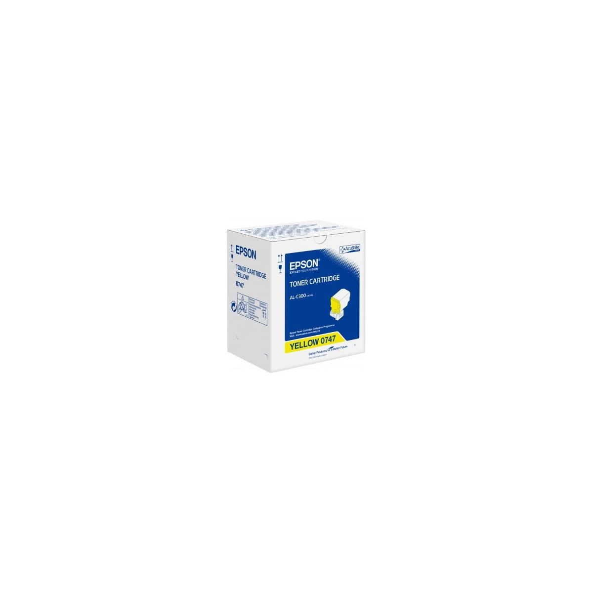 Epson gelbe Tonerkartusche in einer Box. Die Box ist weiß mit blauen und gelben Details.