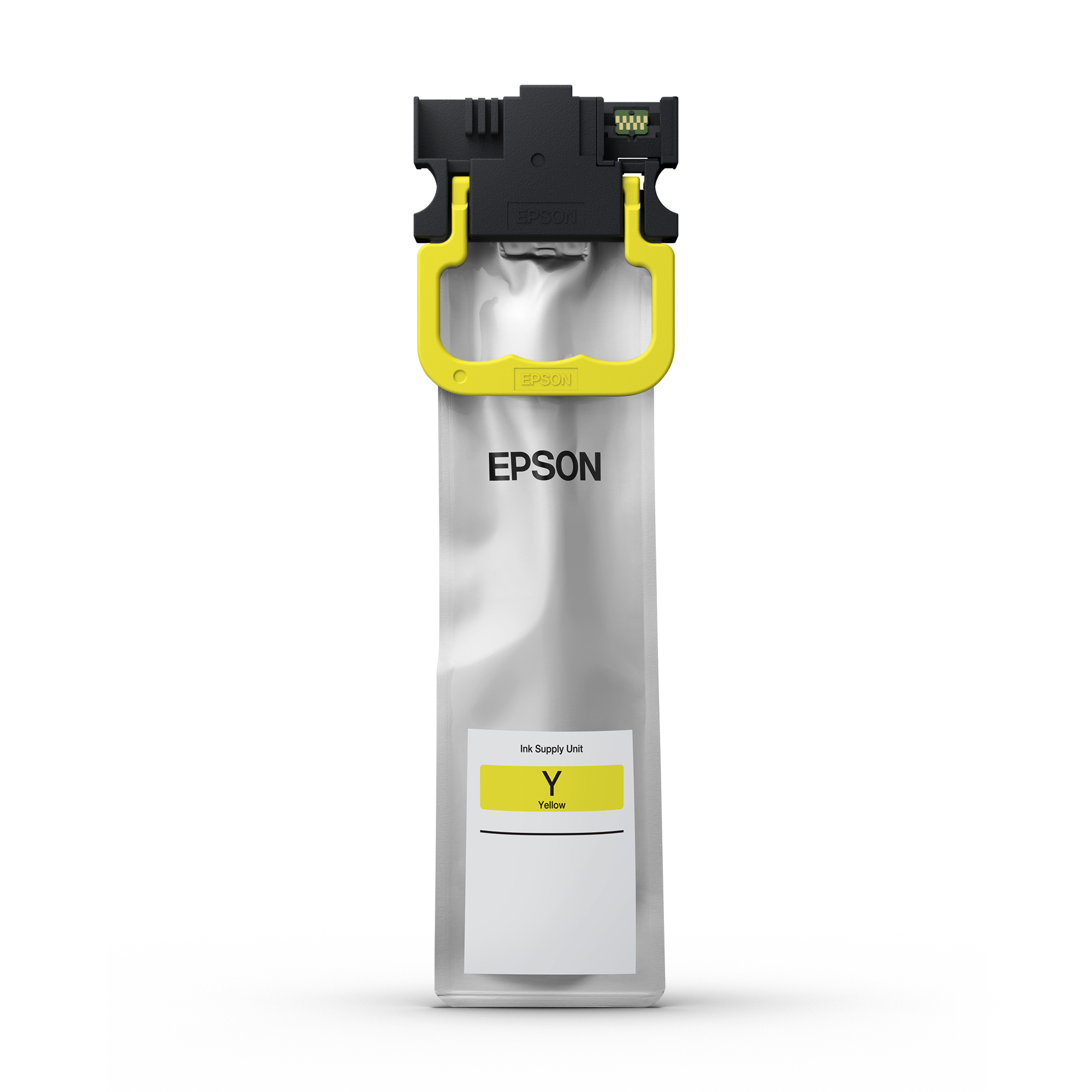 Unité d'alimentation en encre jaune Epson dans un sac transparent.