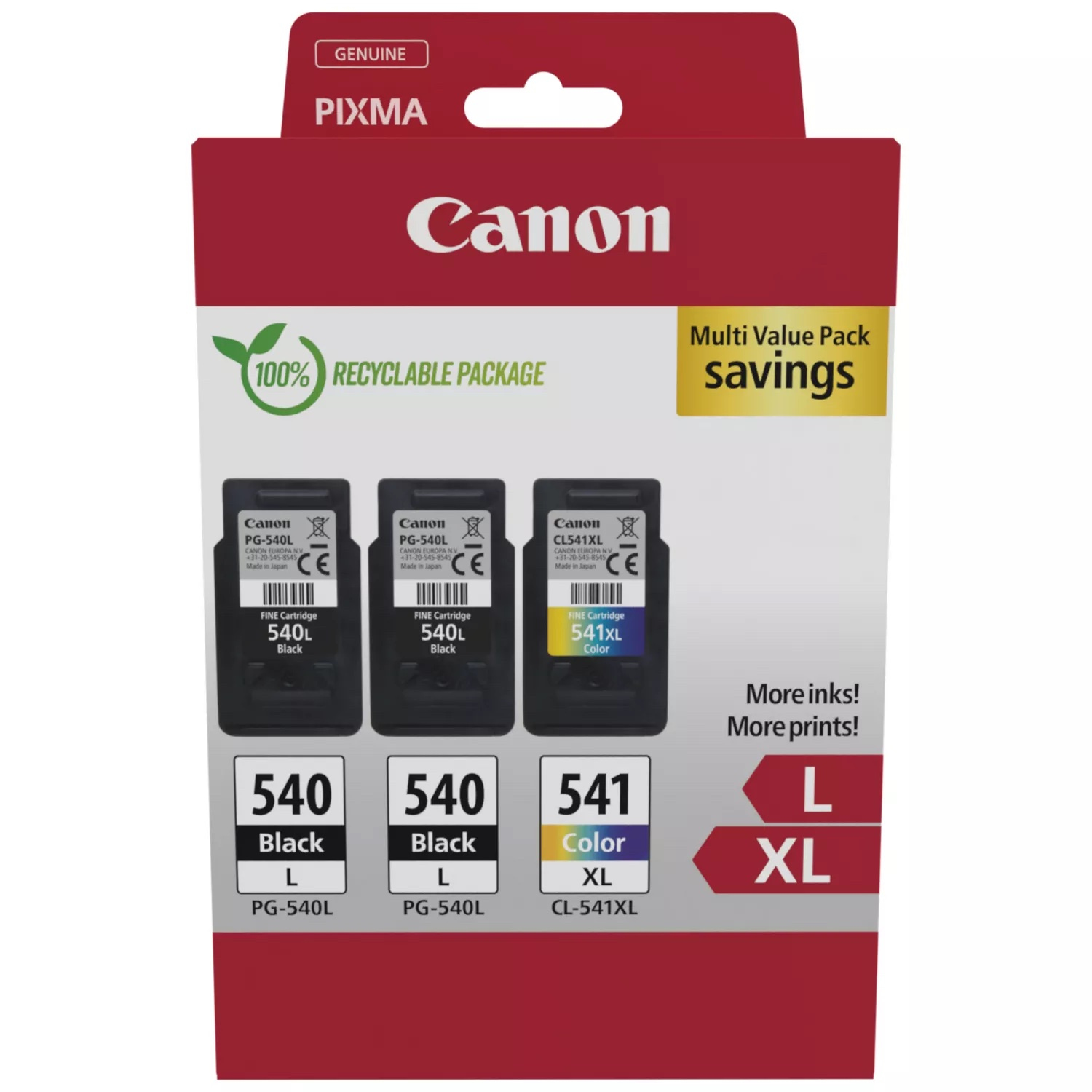 Canon Tintenpatronen-Multipack. Die Verpackung zeigt 540- und 541XL-Patronen und Text, der auf Ersparnisse hinweist.