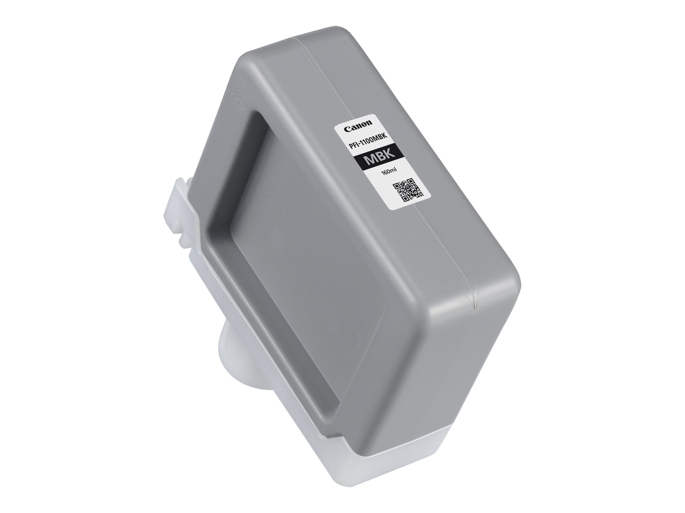 Een grijze inkttank met witte basis, merk Canon, en een label.