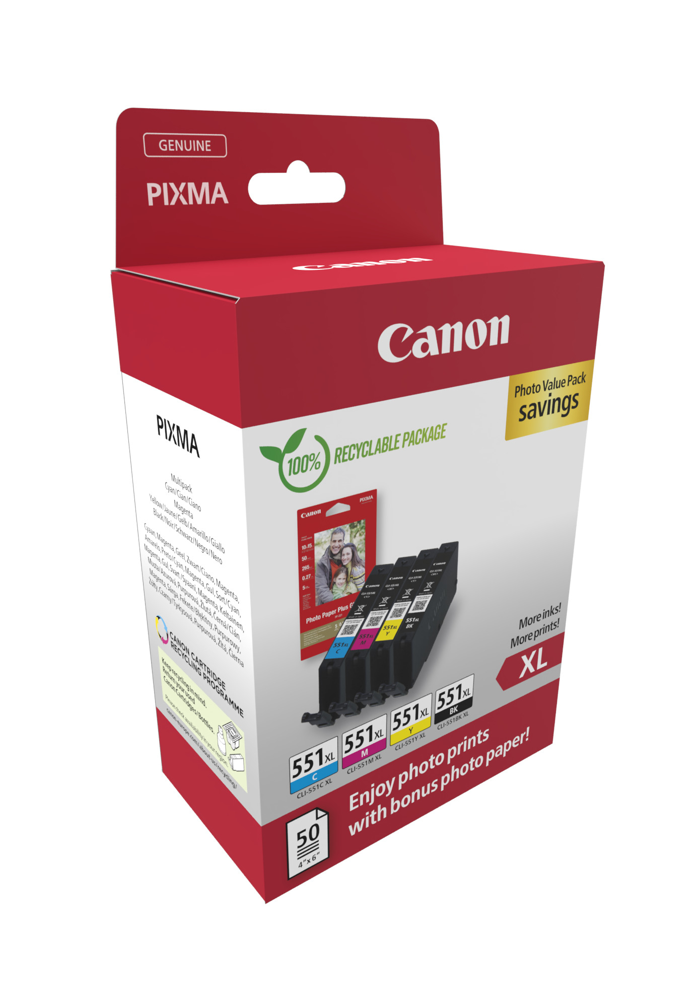 Pudełko z wkładami atramentowymi Canon Pixma z 5 wkładami, papierem fotograficznym i czerwonym pudełkiem.