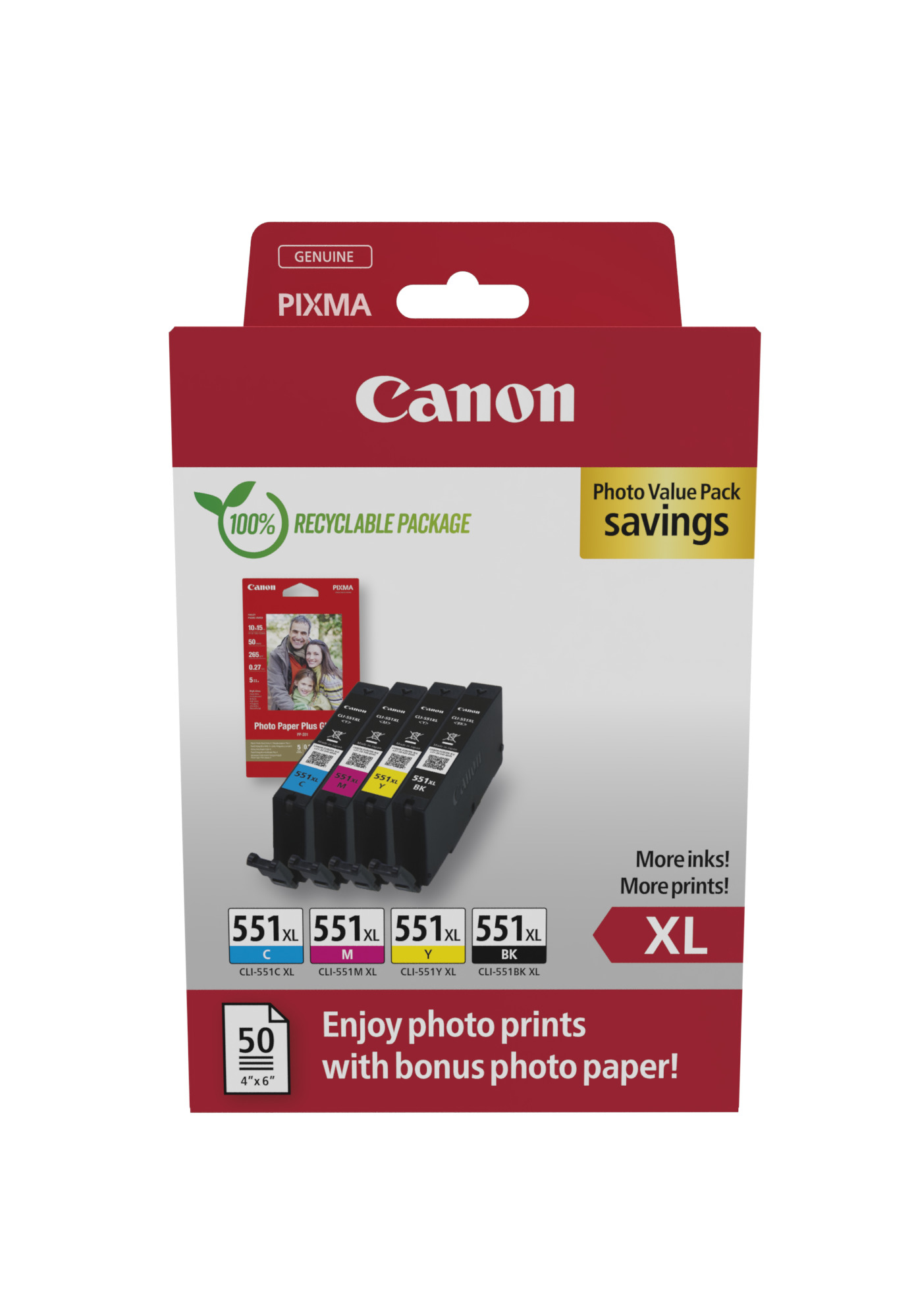 Opakowanie wkładów atramentowych Canon. Pudełko pokazuje wkłady i papier fotograficzny.