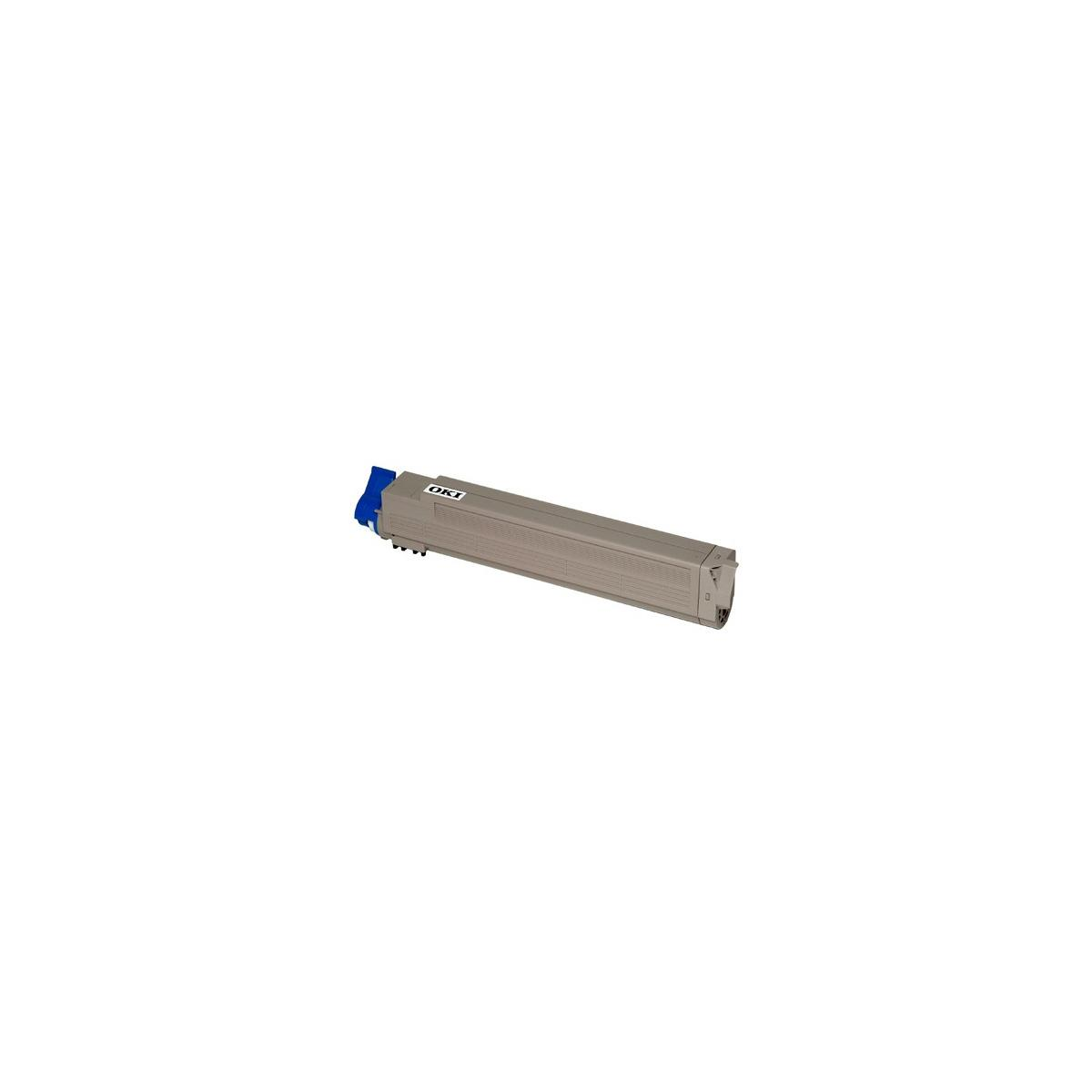 Cartuccia toner OKI, grigia e blu. Il marchio OKI è visibile.
