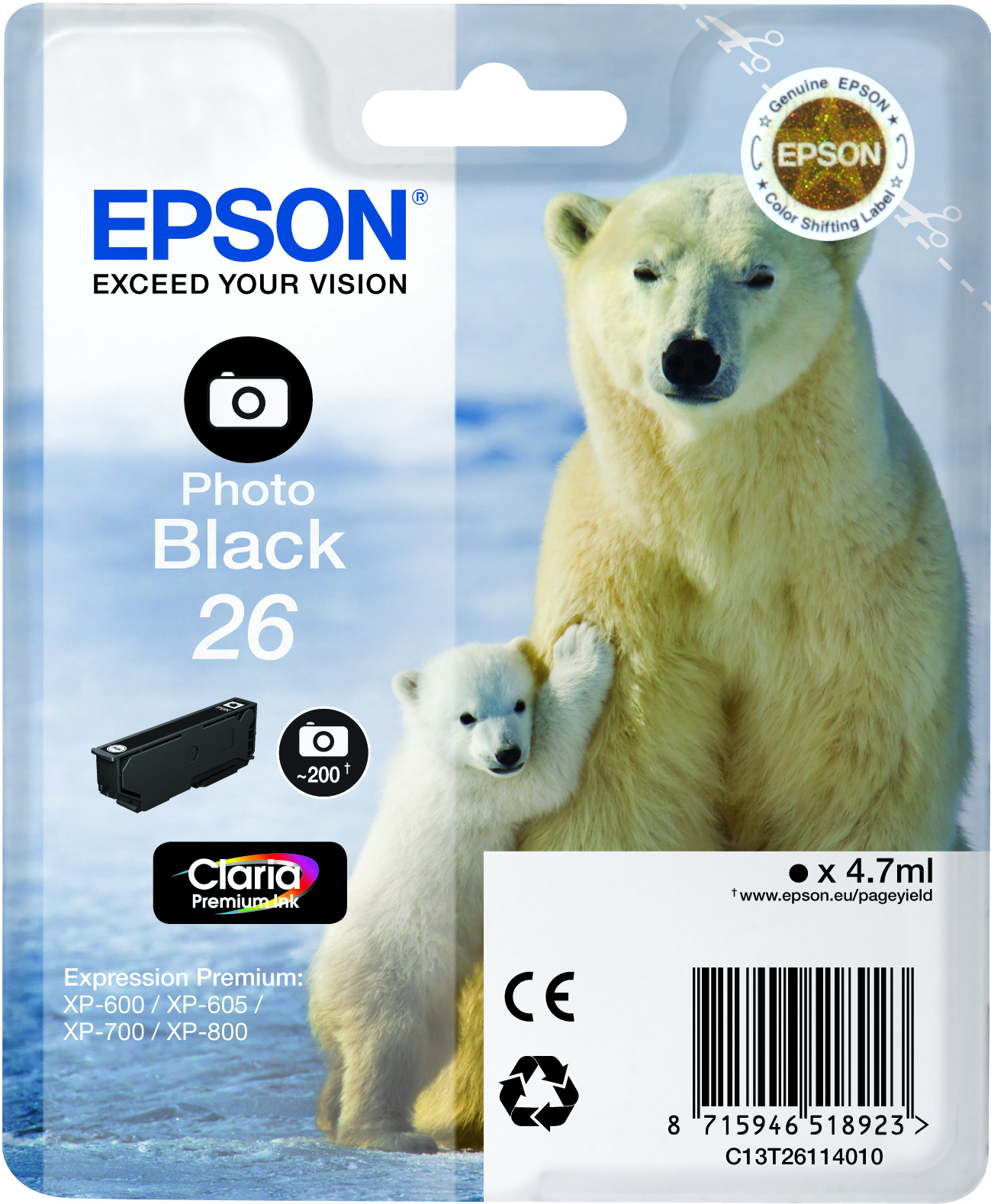 Scatola di cartucce d'inchiostro Epson con orsi polari, uno piccolo e uno grande.