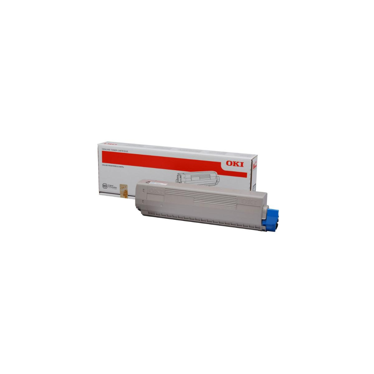 Wkład z tonerem OKI i pudełko. Wkład szary i niebieski; pudełko biało-czerwone.