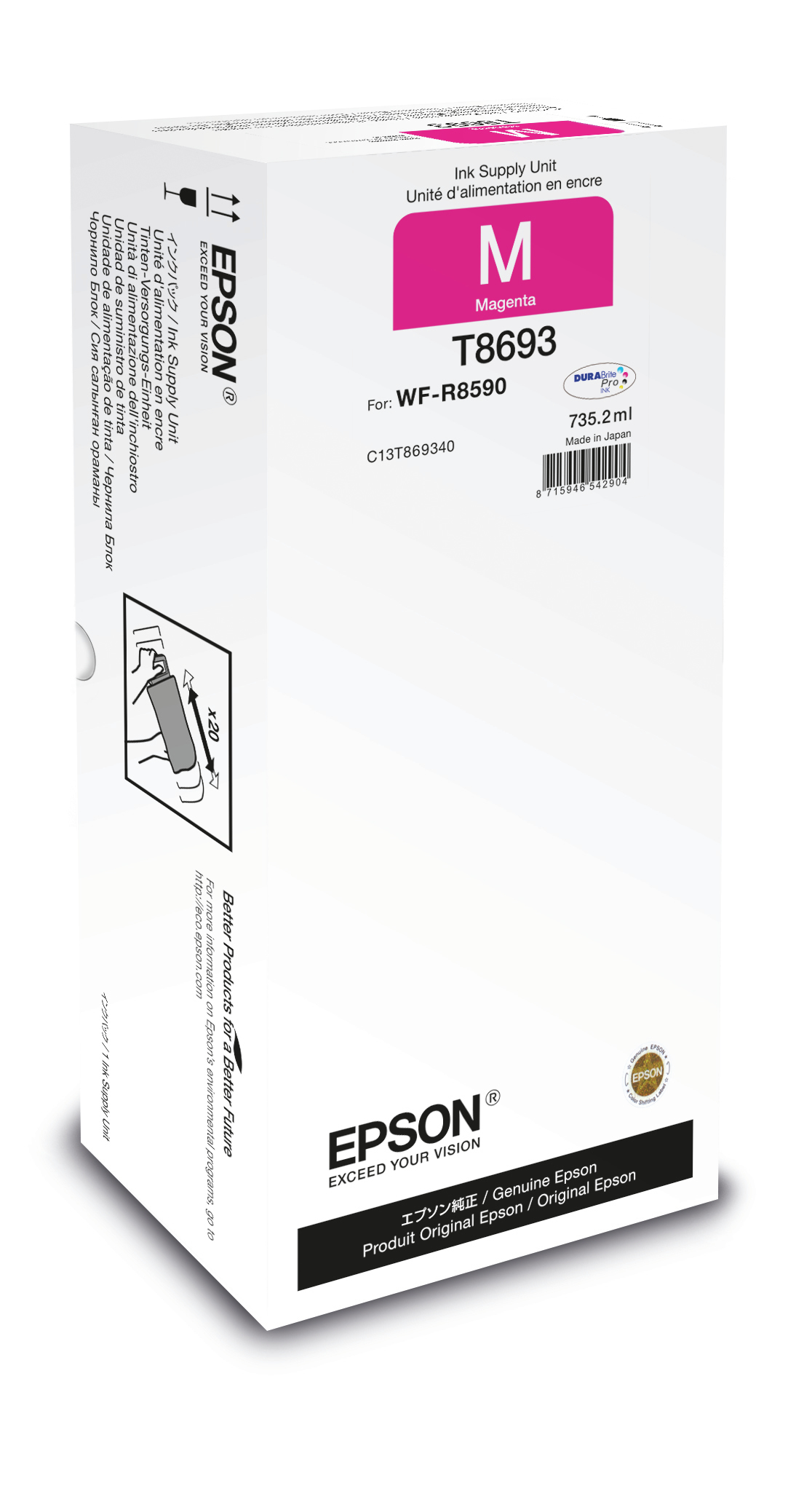 Scatola unità di alimentazione inchiostro Epson. Scatola bianca e magenta con cartuccia d'inchiostro magenta.
