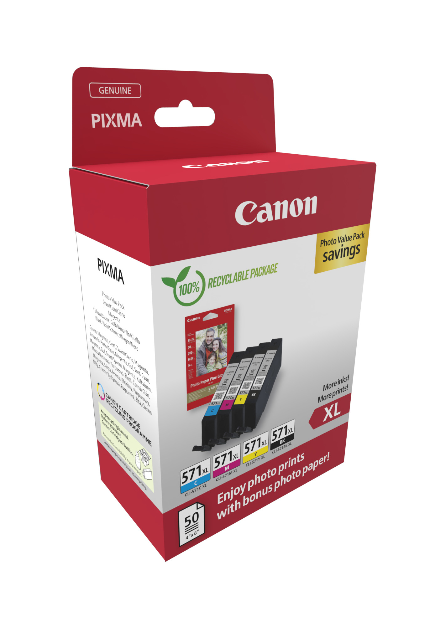 Zestaw wielopak wkładów atramentowych Canon. Pudełko z wieloma wkładami i papierem fotograficznym. Czerwono-białe opakowanie.