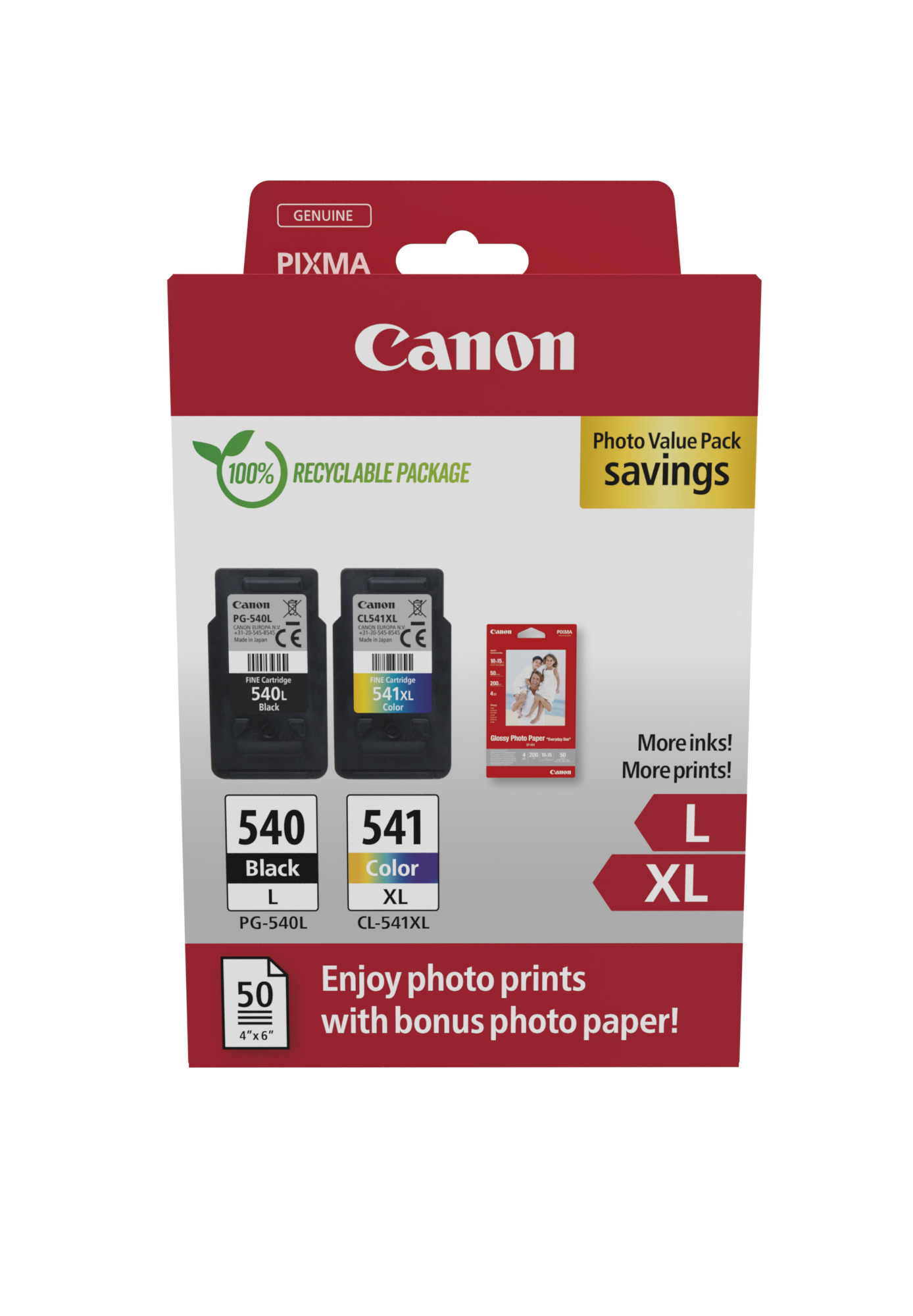 Pudełko z wkładami atramentowymi Canon Pixma z 2 wkładami atramentowymi i pakietem papieru fotograficznego.
