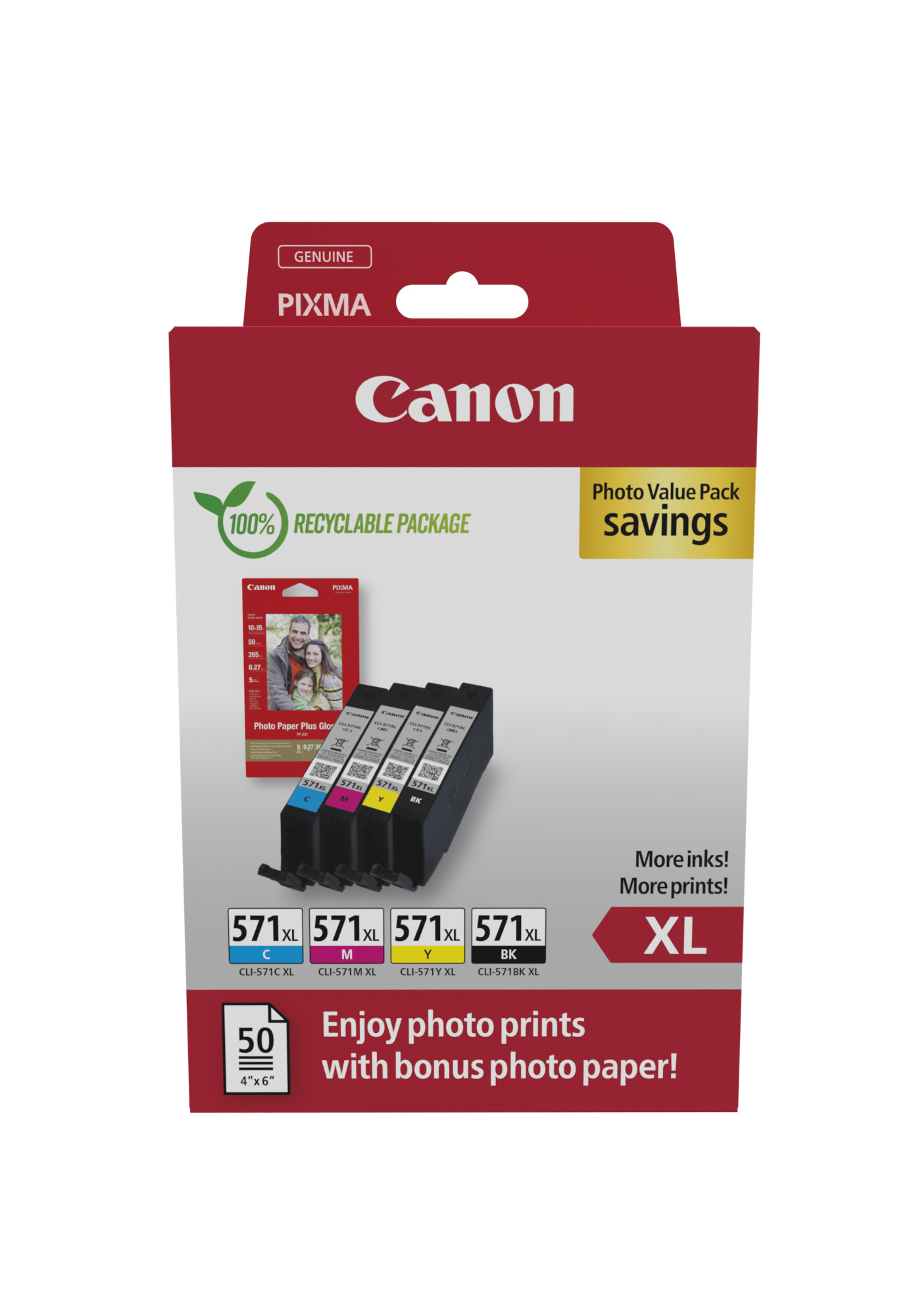 Pudełko z wkładami atramentowymi Canon z czterema wkładami: cyjan, magenta, żółty i czarny.