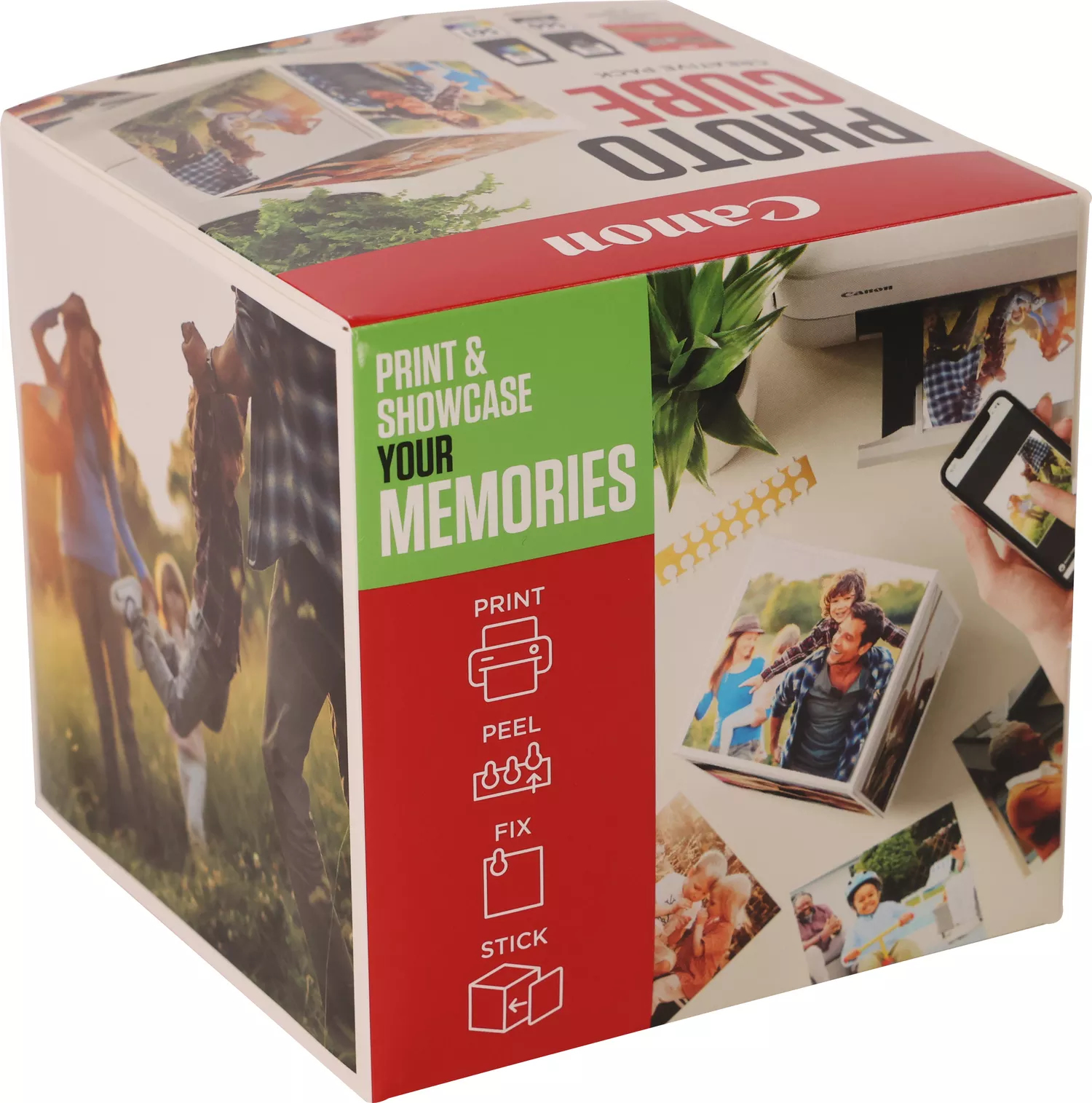Pudełko Canon Photo Cube ze zdjęciami ludzi i drukarki, promujące drukowanie i prezentowanie.